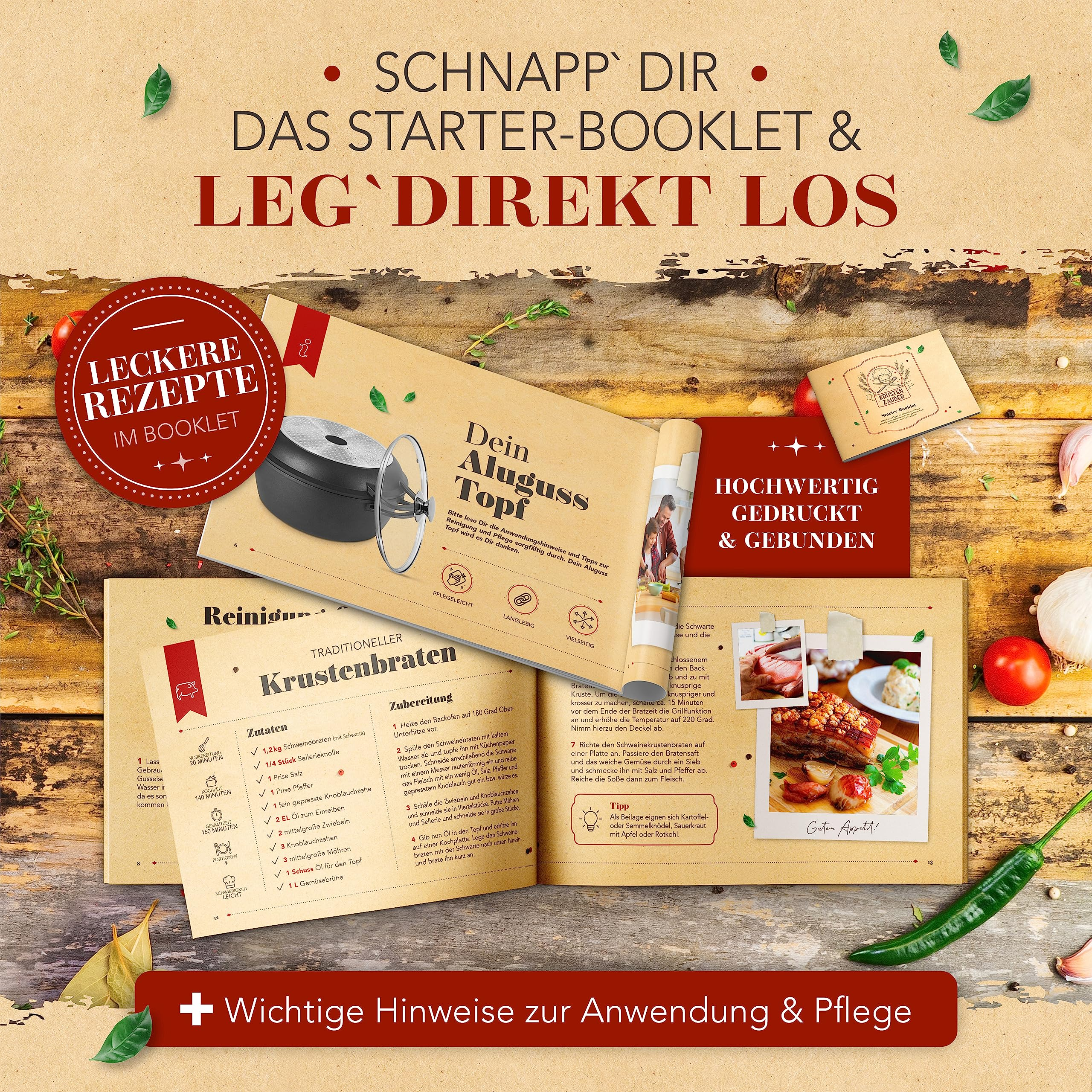 Offenes Rezeptbuch auf Holztisch mit Zutaten, Topf und rotem Werbebanner.