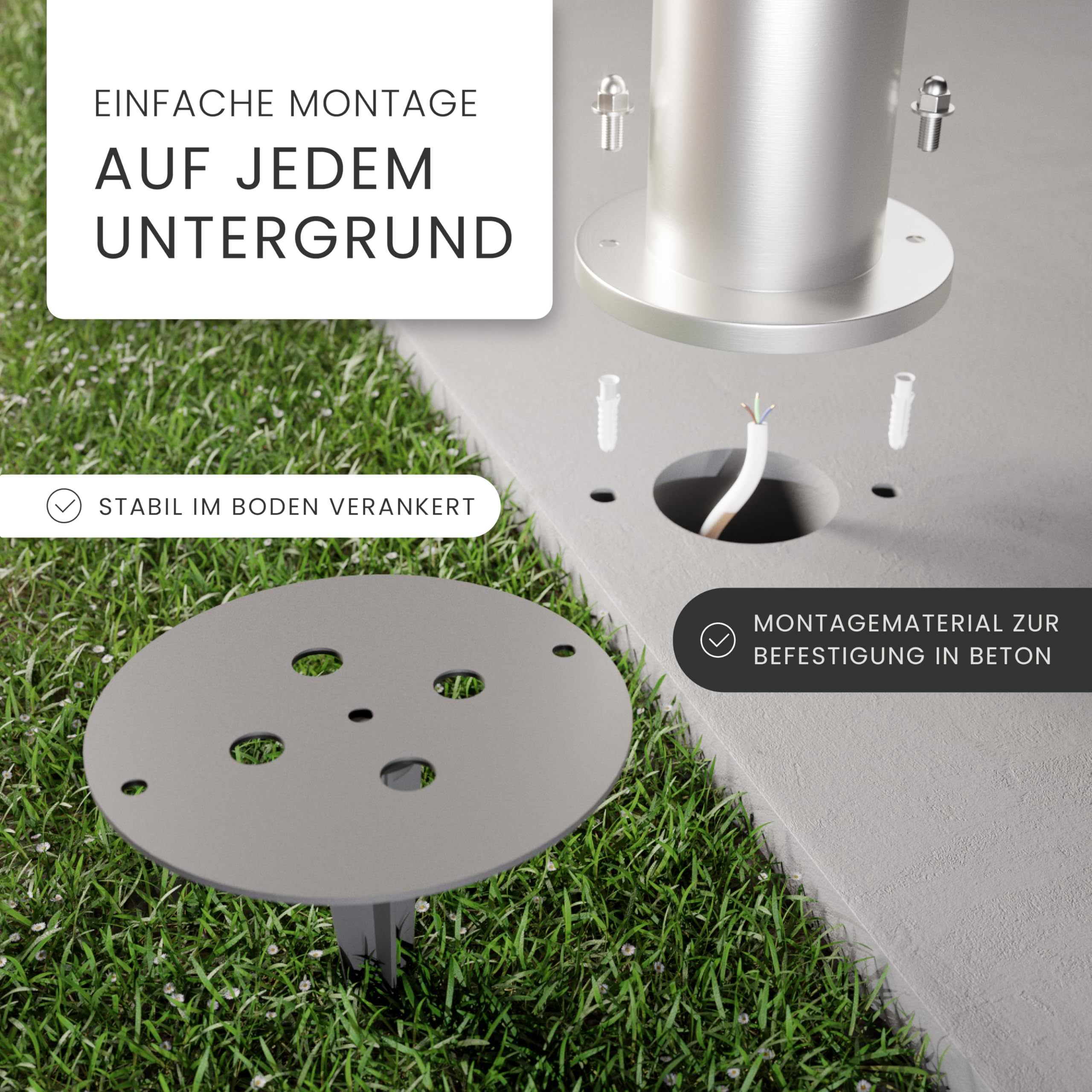 Diagramm zur Montage eines Metallpfostens auf Beton und Erde, mit sichtbaren Dübeln, Schrauben und Kabeln.