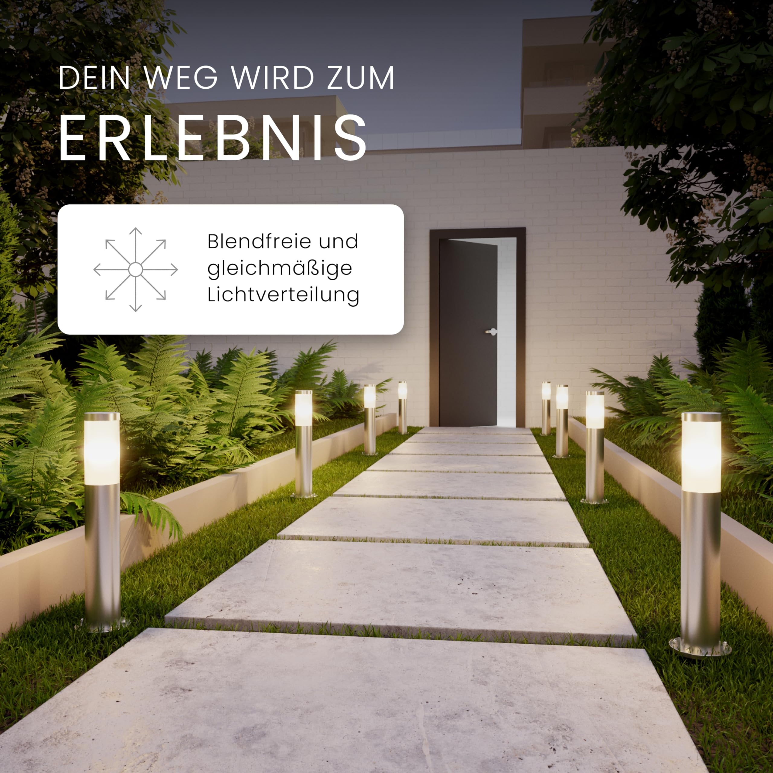 Beleuchteter Gartenweg mit modernen Pollerleuchten und Textoverlay in einem Garten.