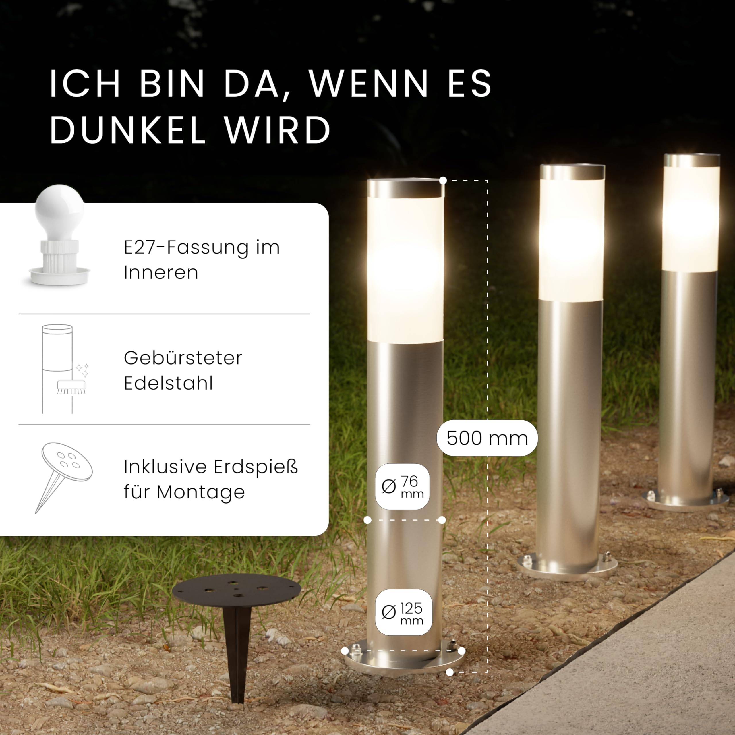 Drei Edelstahl-Wegeleuchten im Garten mit Maßangaben und Infografik.