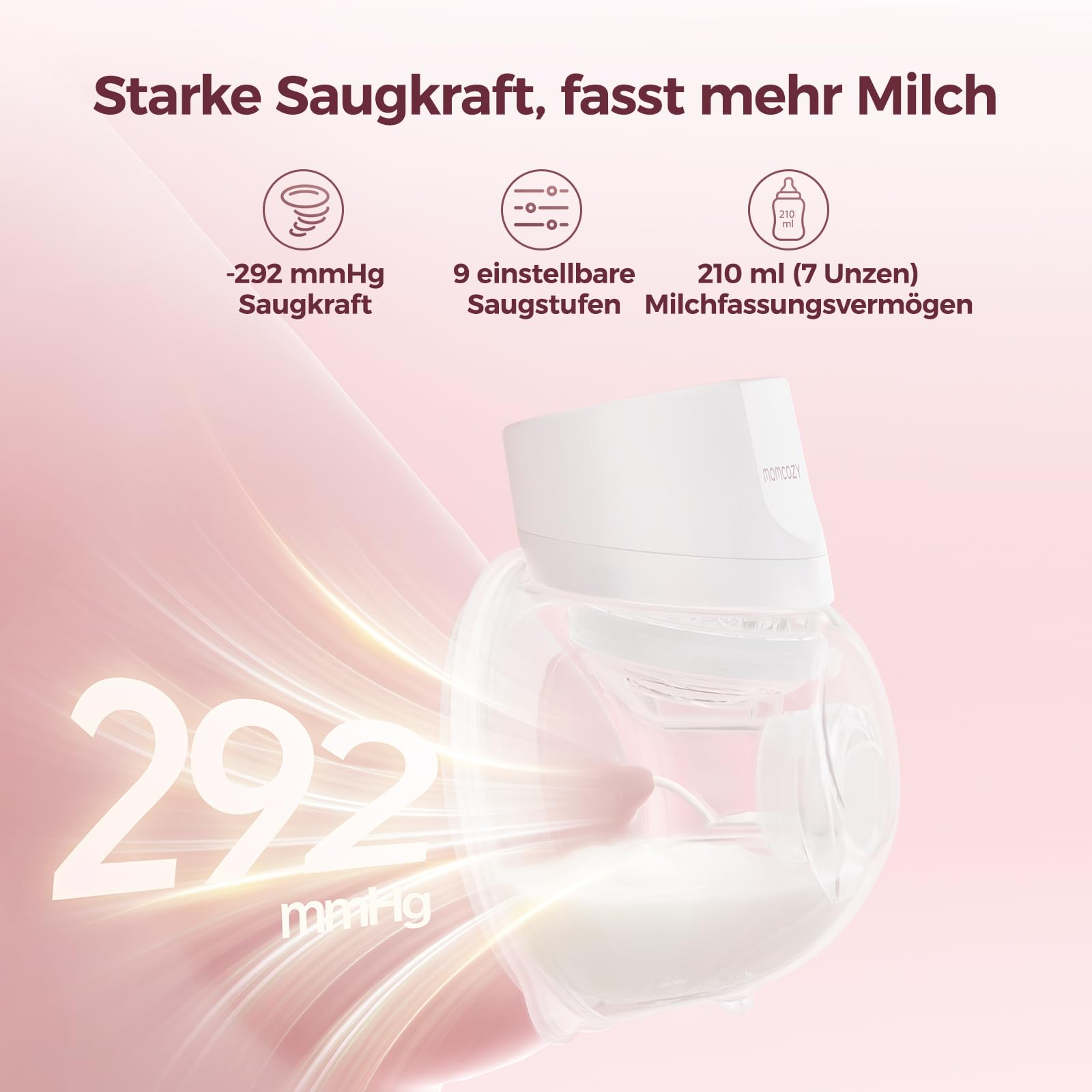 Immagine promozionale di un tiralatte Momcozy su sfondo rosa con dati tecnici.