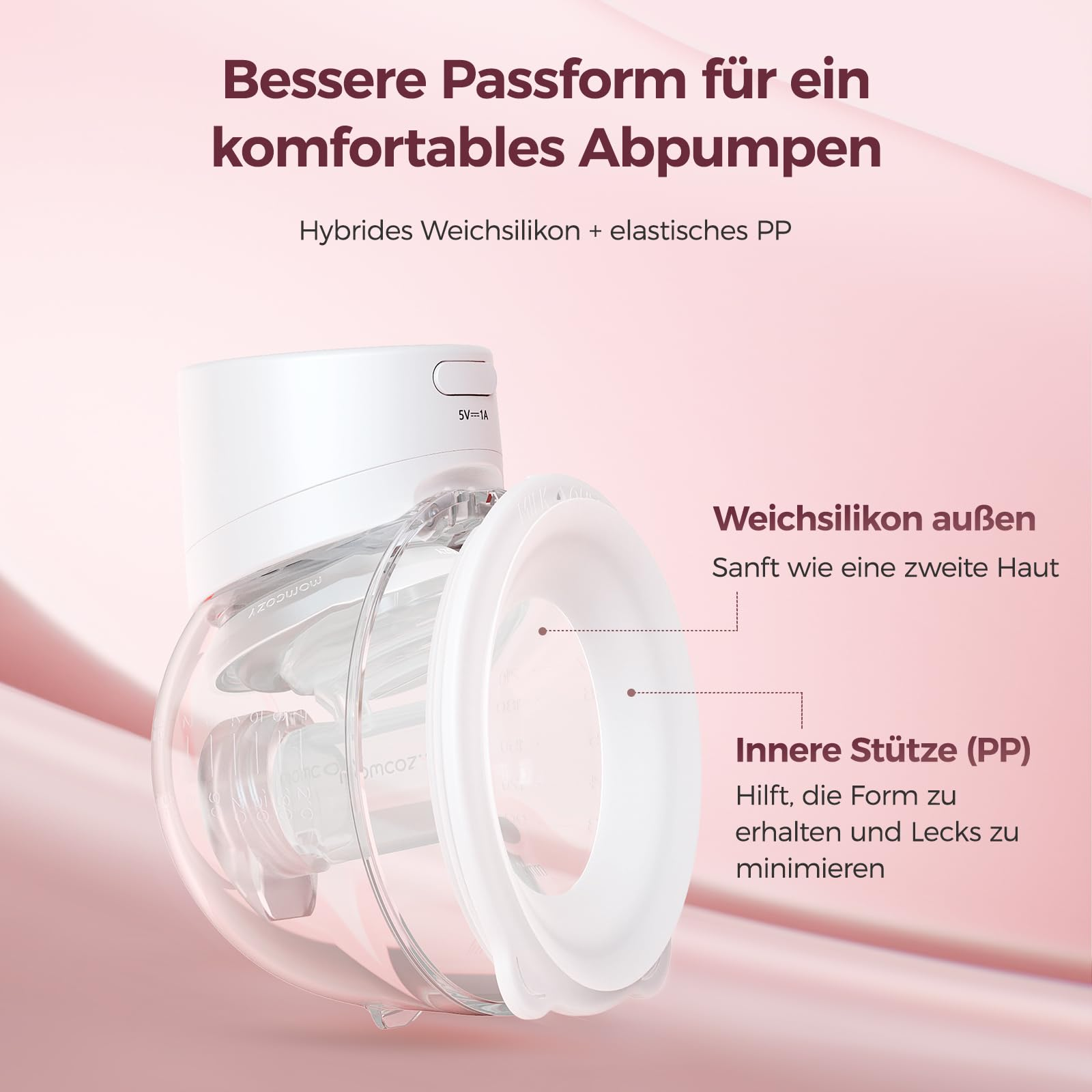 Un tiralatte elettrico bianco e trasparente con spiegazioni su sfondo rosa.