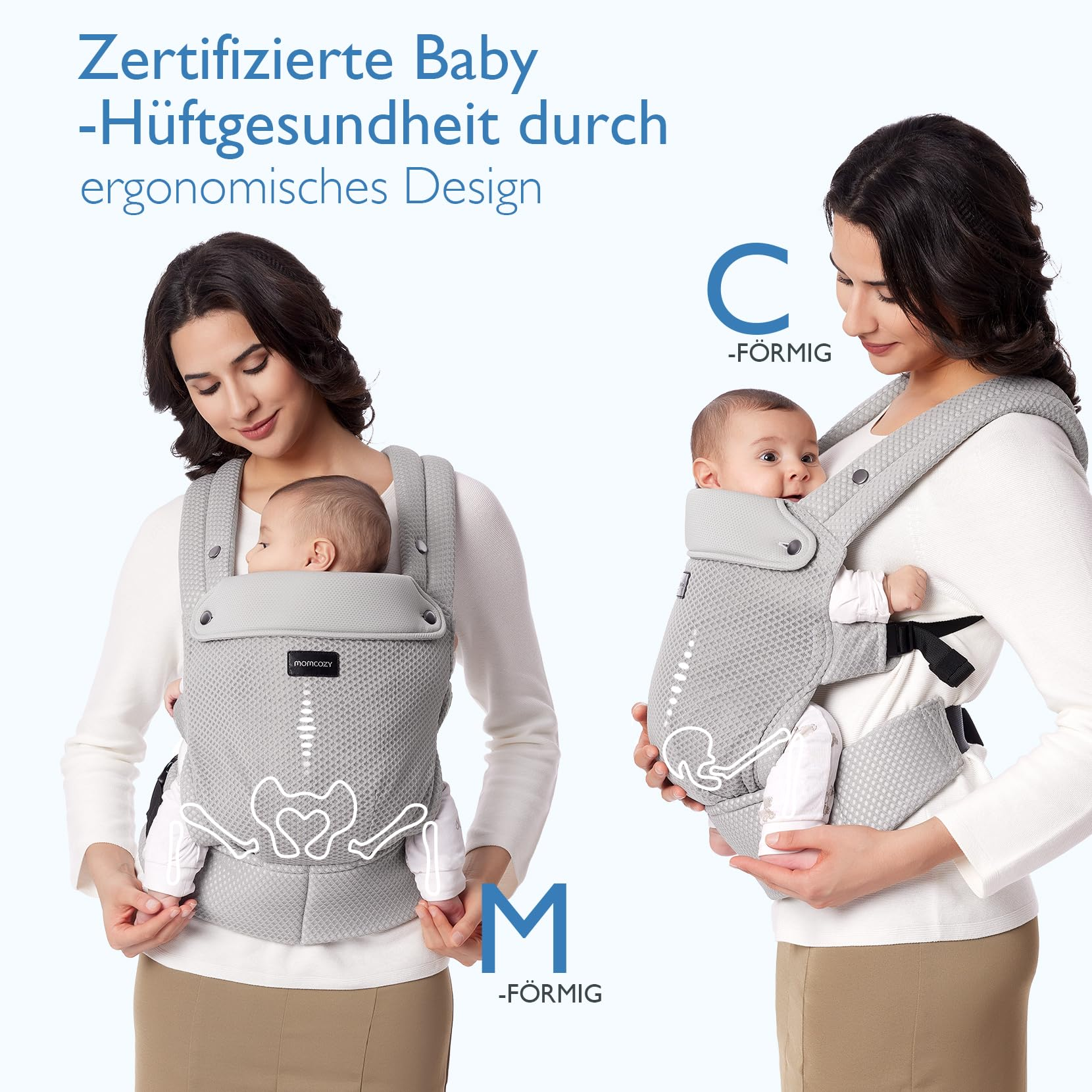 Donna che trasporta un bambino in un marsupio grigio ergonomico con schemi a C e M.