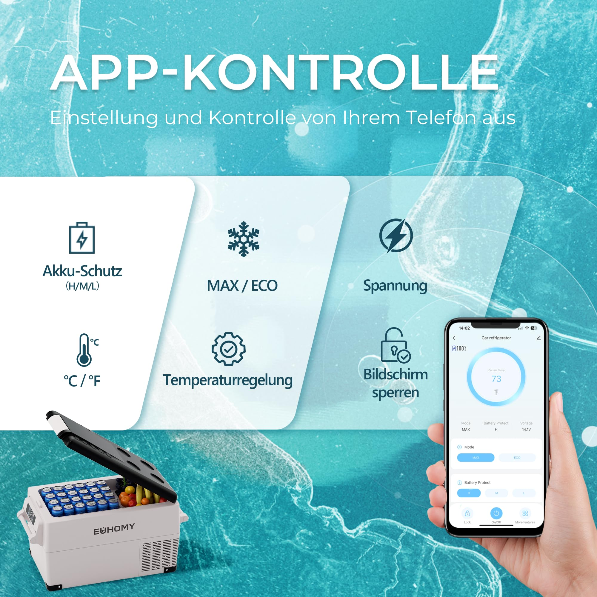 App-Steuerung für tragbaren Kühlschrank mit Akku-Schutz, Temperaturregelung und Spannung.