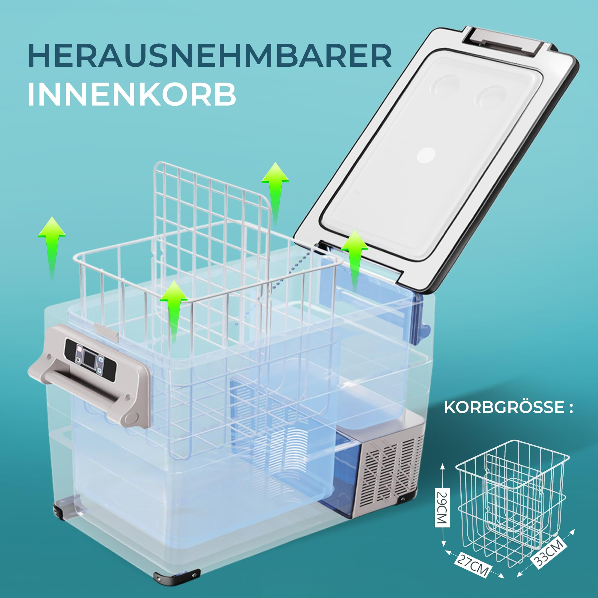 Tragbare Kühlbox mit herausnehmbarem Drahtkorb und Deckel, Maße 29x27x33 cm, auf blauem Hintergrund.
