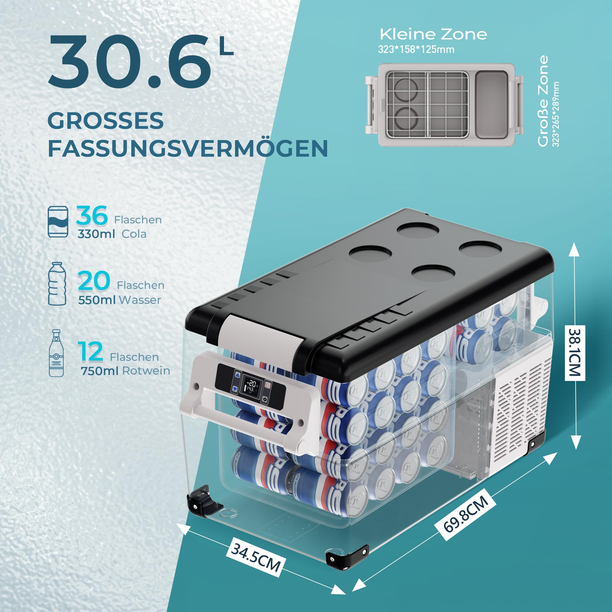 Eine tragbare Kühlbox mit 30,6L Fassungsvermögen, Maßen und Getränkebeispielen.