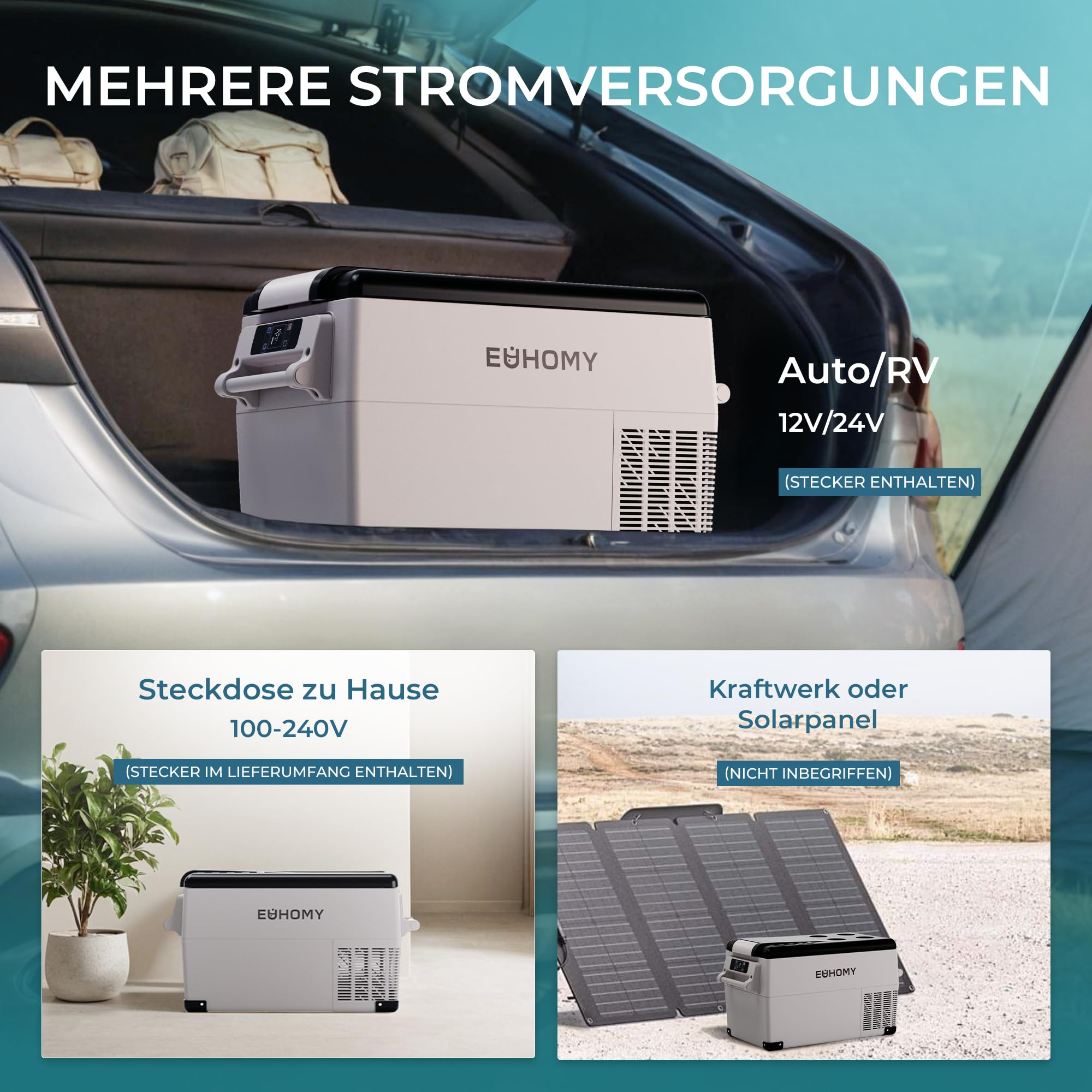 Euhomy Kühlbox in einem Autokofferraum, zu Hause und im Freien mit Solarmodul.