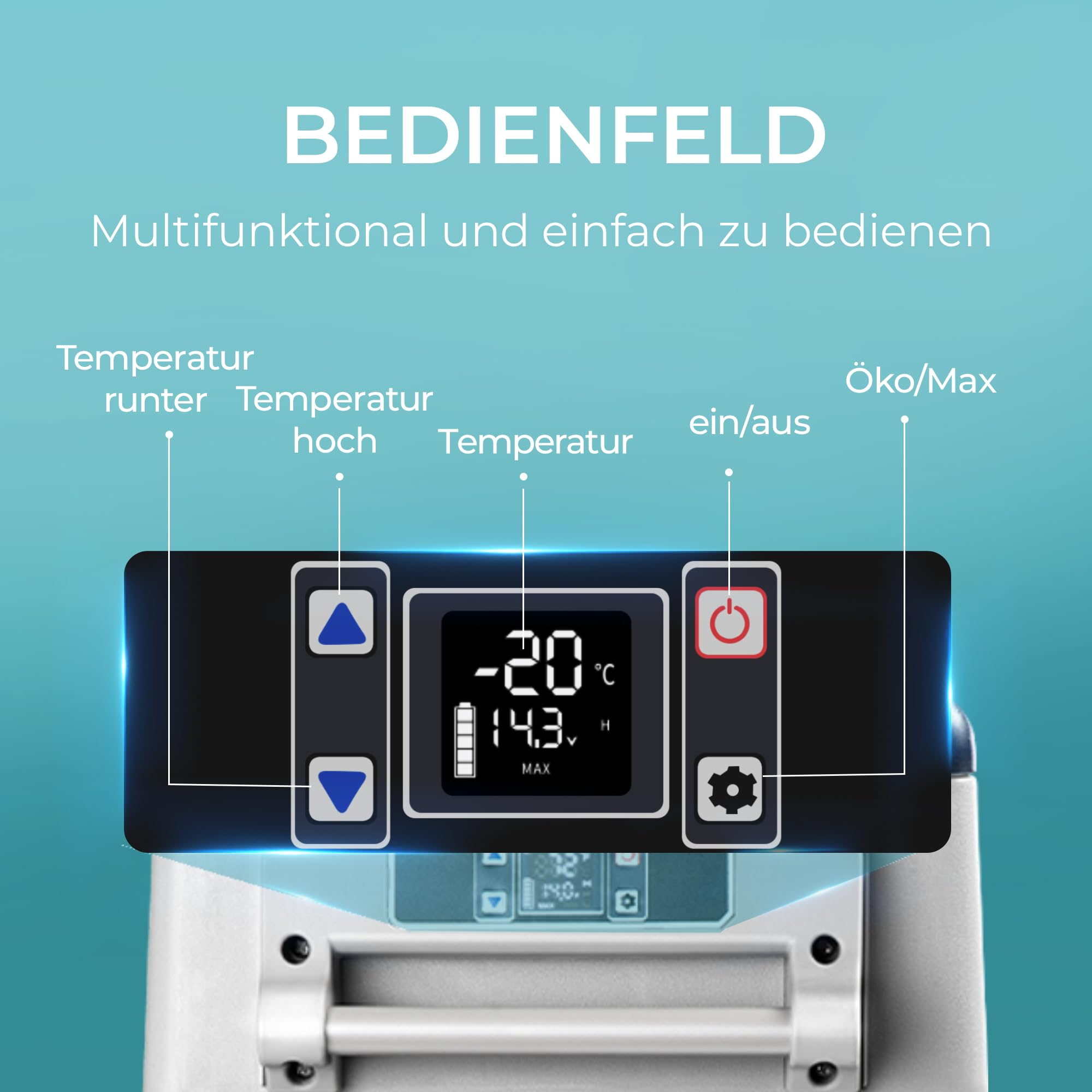 Bedienfeld eines Kühlschranks mit Display und beschrifteten Tasten für Temperatur, Ein/Aus und Öko/Max.