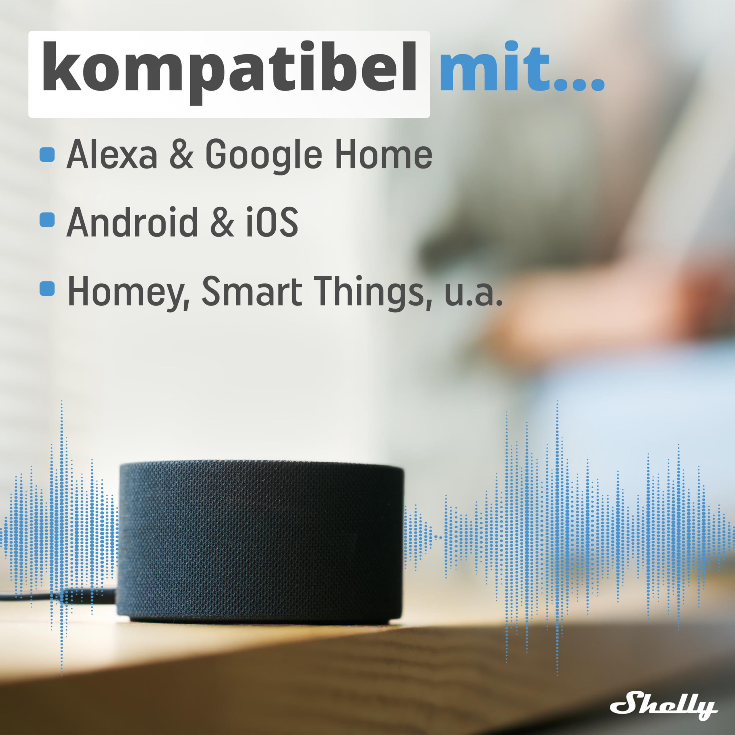 Ein Smart-Speaker auf Holzoberfläche mit blauer Audio-Wellenform und Kompatibilitätsliste.
