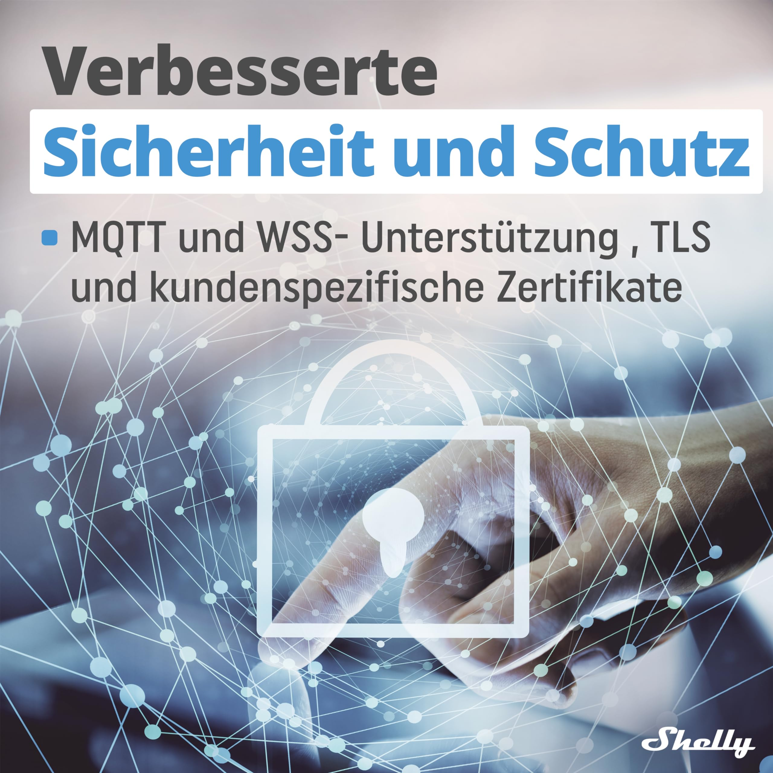 Hand berührt eine digitale Benutzeroberfläche mit einem Vorhängeschloss-Symbol und Text über Sicherheit.