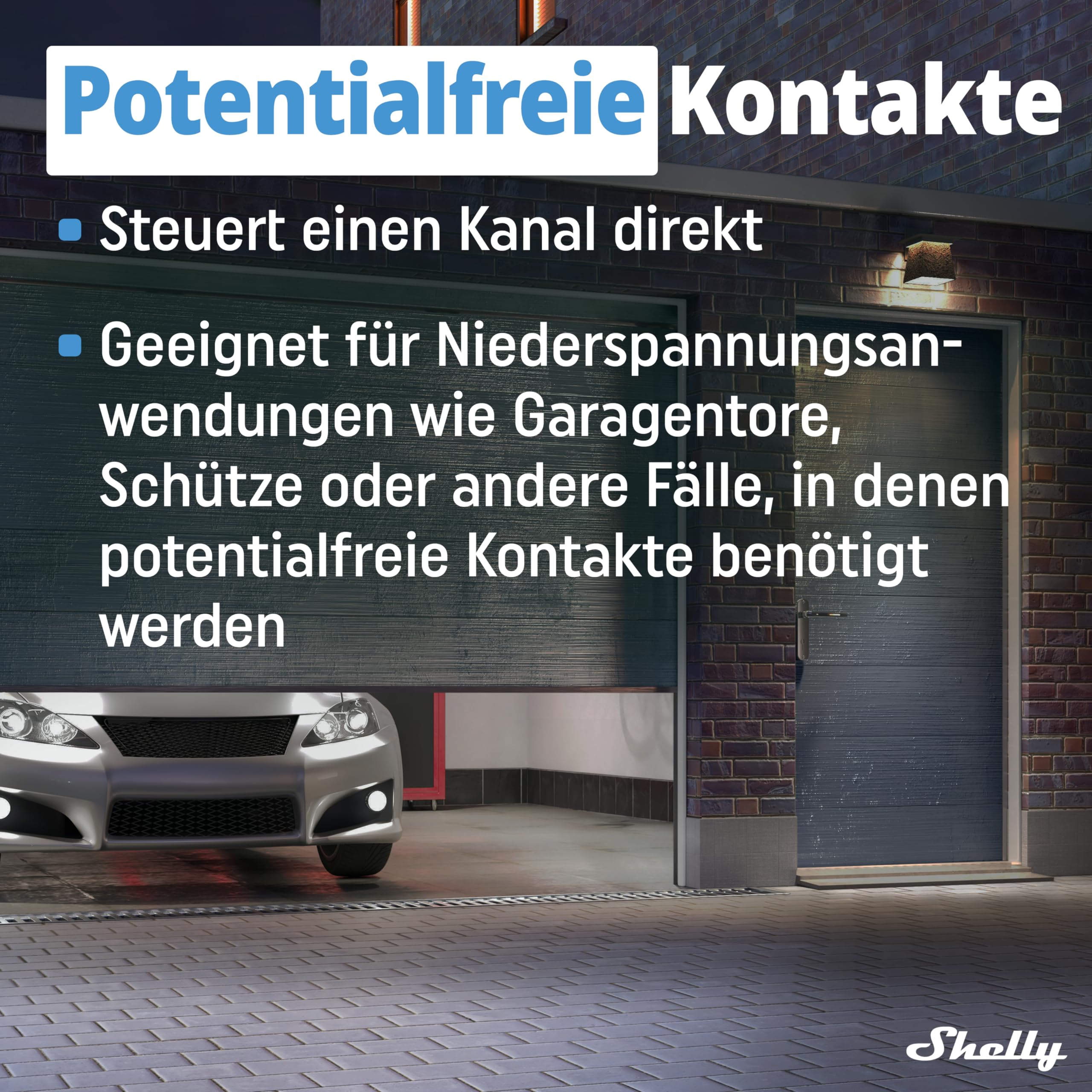 Ein Text über potentialfreie Kontakte mit einer Garage und einem Auto im Hintergrund.