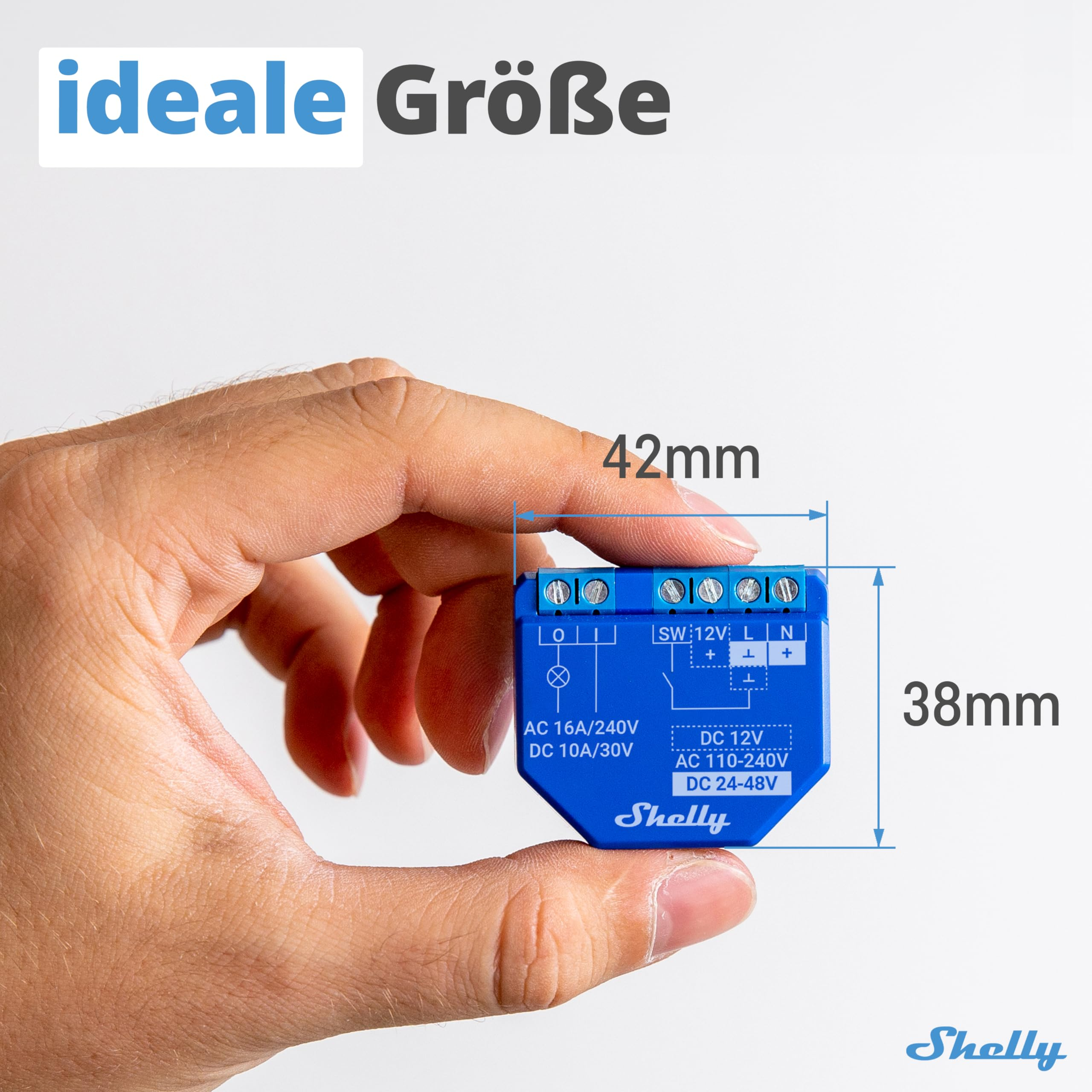 Eine Hand hält einen blauen Shelly-Smart-Relaismodul mit 42mm Breite und 38mm Höhe.