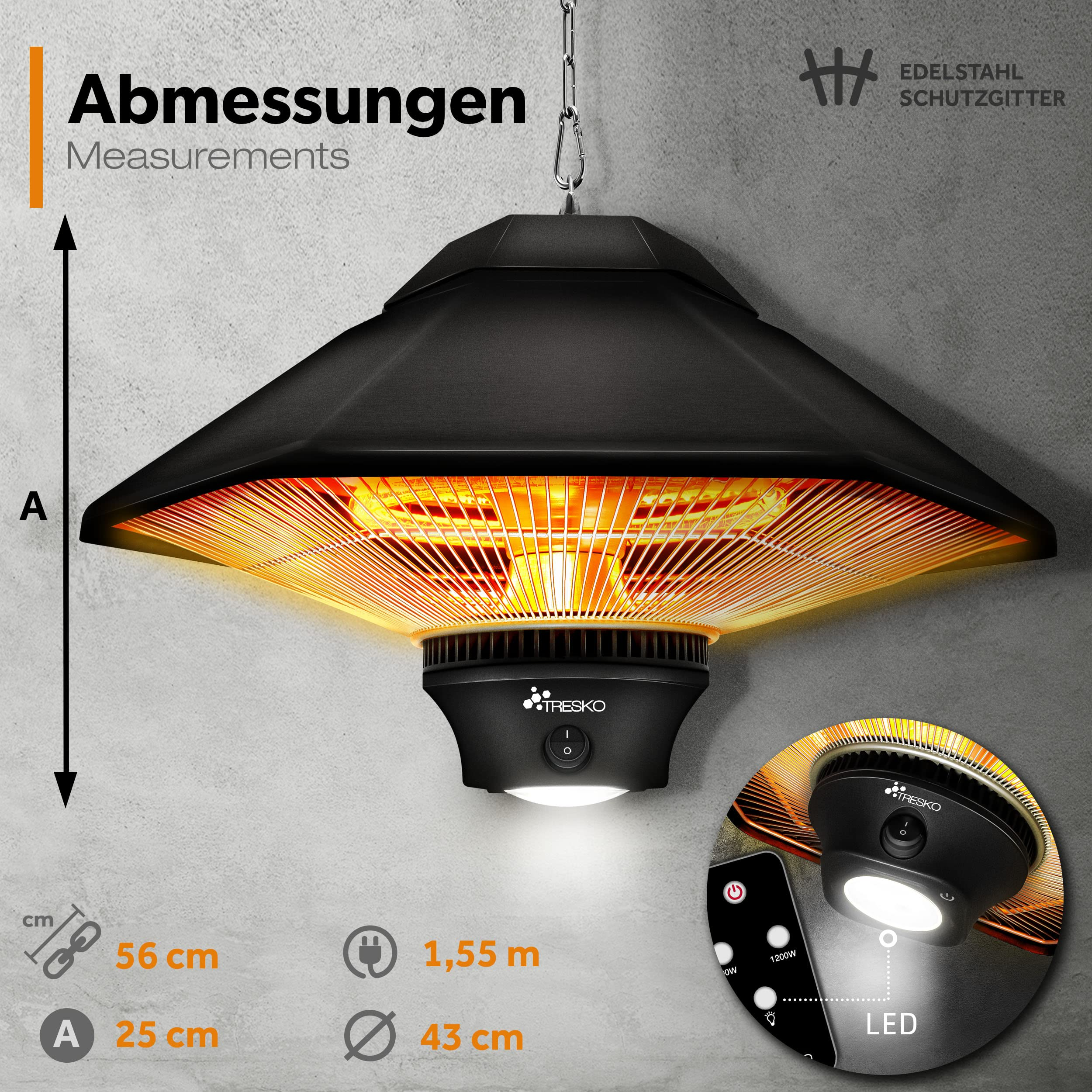 Riscaldatore a infrarossi nero con catena, luce LED, telecomando e schema delle misure su sfondo grigio.