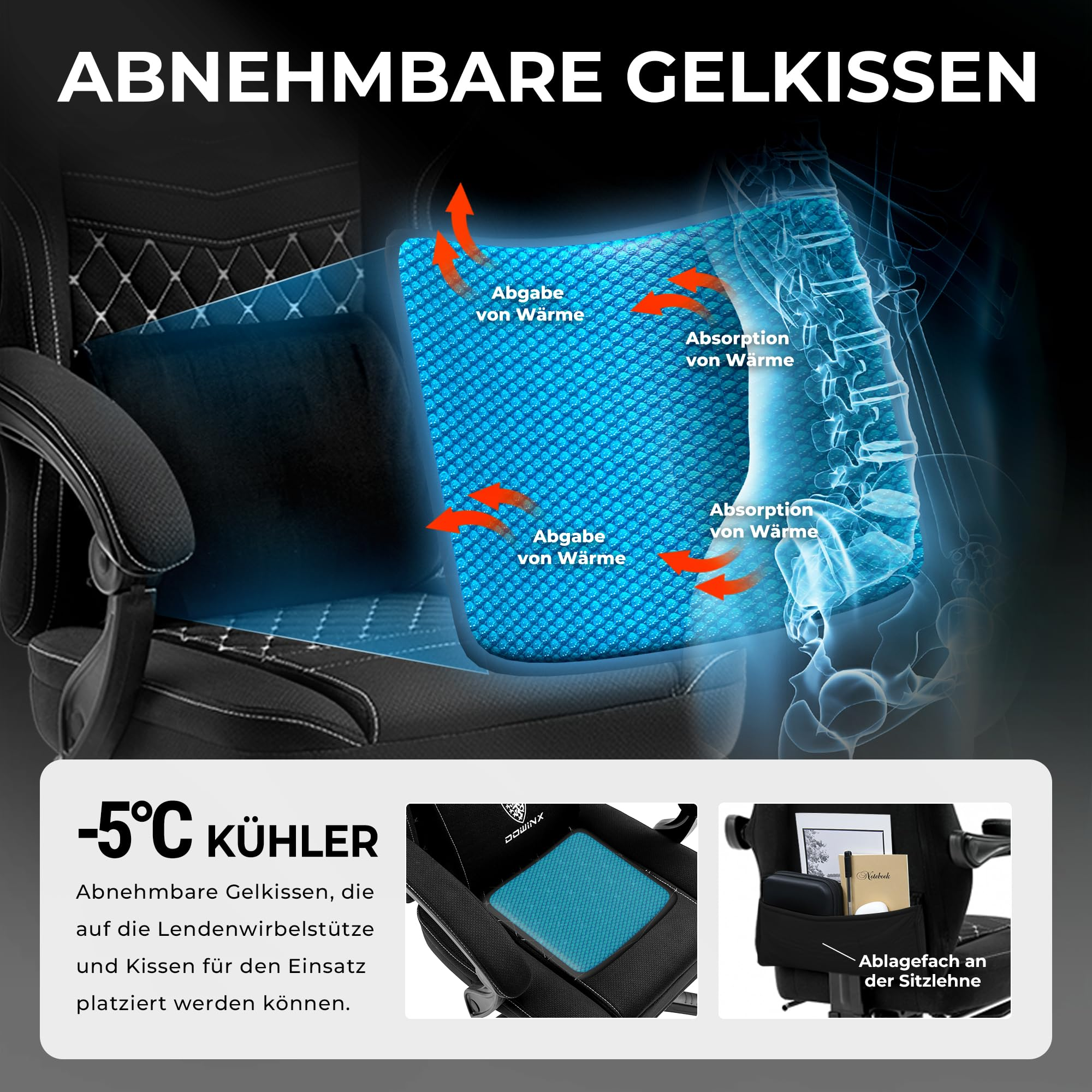 Blaue Gelkissen auf einem schwarzen Stuhl absorbieren und geben Wärme ab, mit Grafiken der Wirbelsäule.