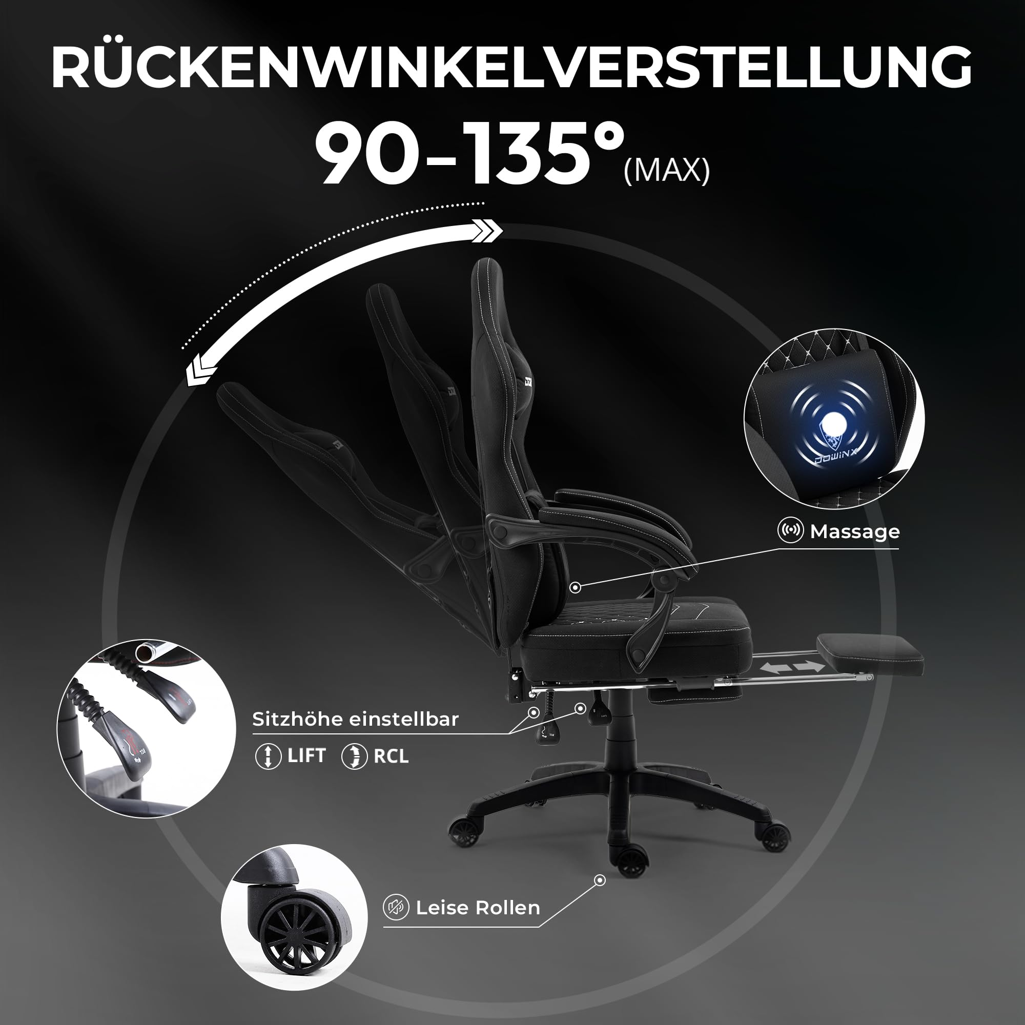 Schwarzer Gaming-Stuhl mit verstellbarer Rückenlehne 90-135°, Massagekissen, höhenverstellbar und leisen Rollen.