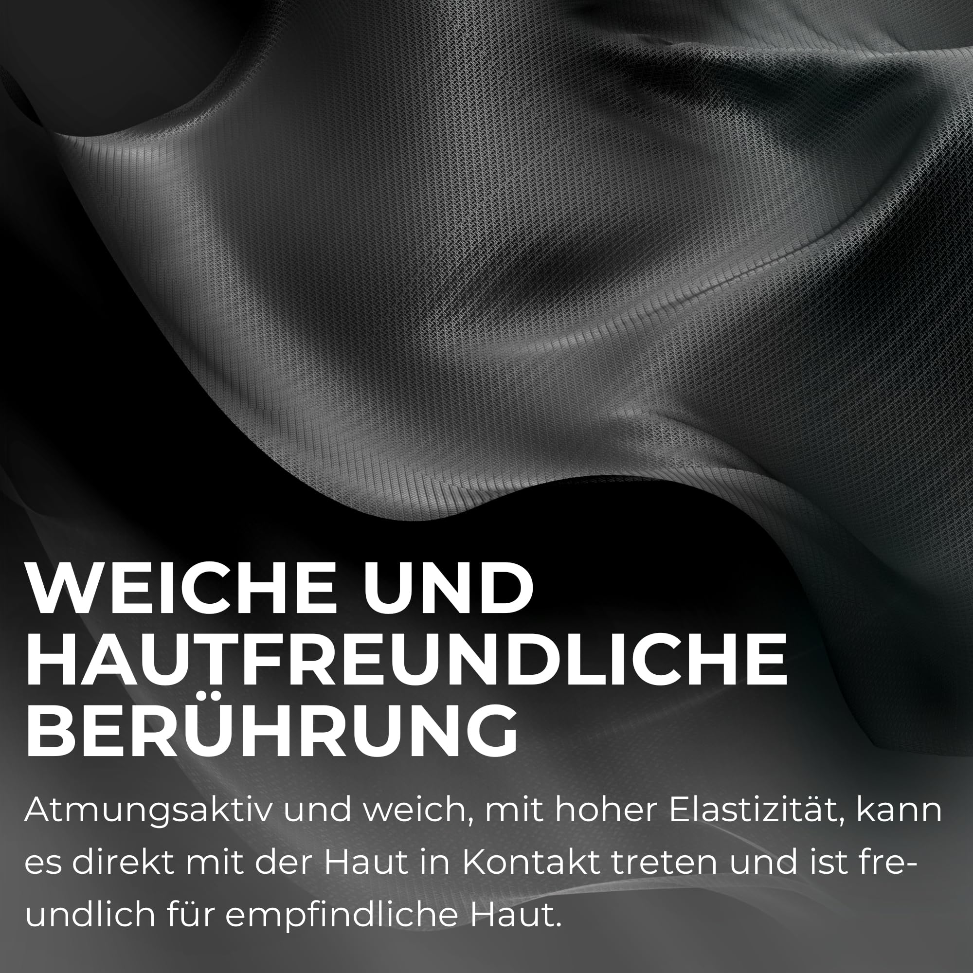 Dunkler Stoff mit Textur und dem weißen Text WEICHE UND HAUTFREUNDLICHE BERÜHRUNG auf schwarzem Hintergrund.