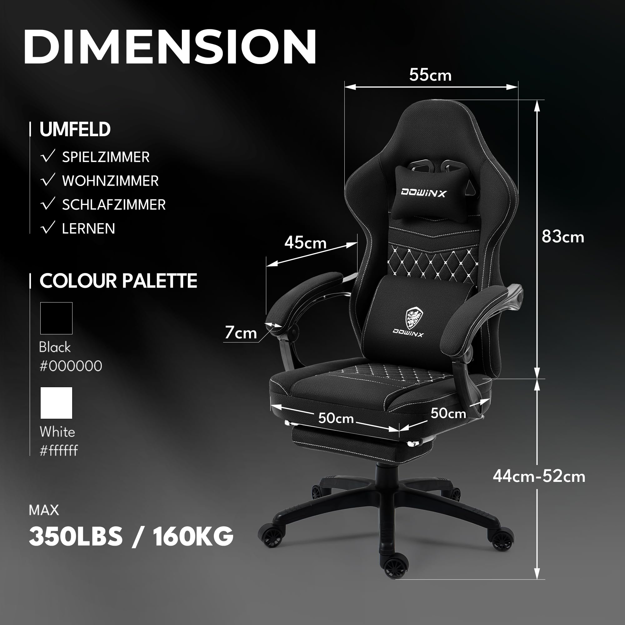 Schwarzer Gaming-Stuhl mit weißen Nähten, Kissen und Maßangaben auf dunkelgrauem Hintergrund.