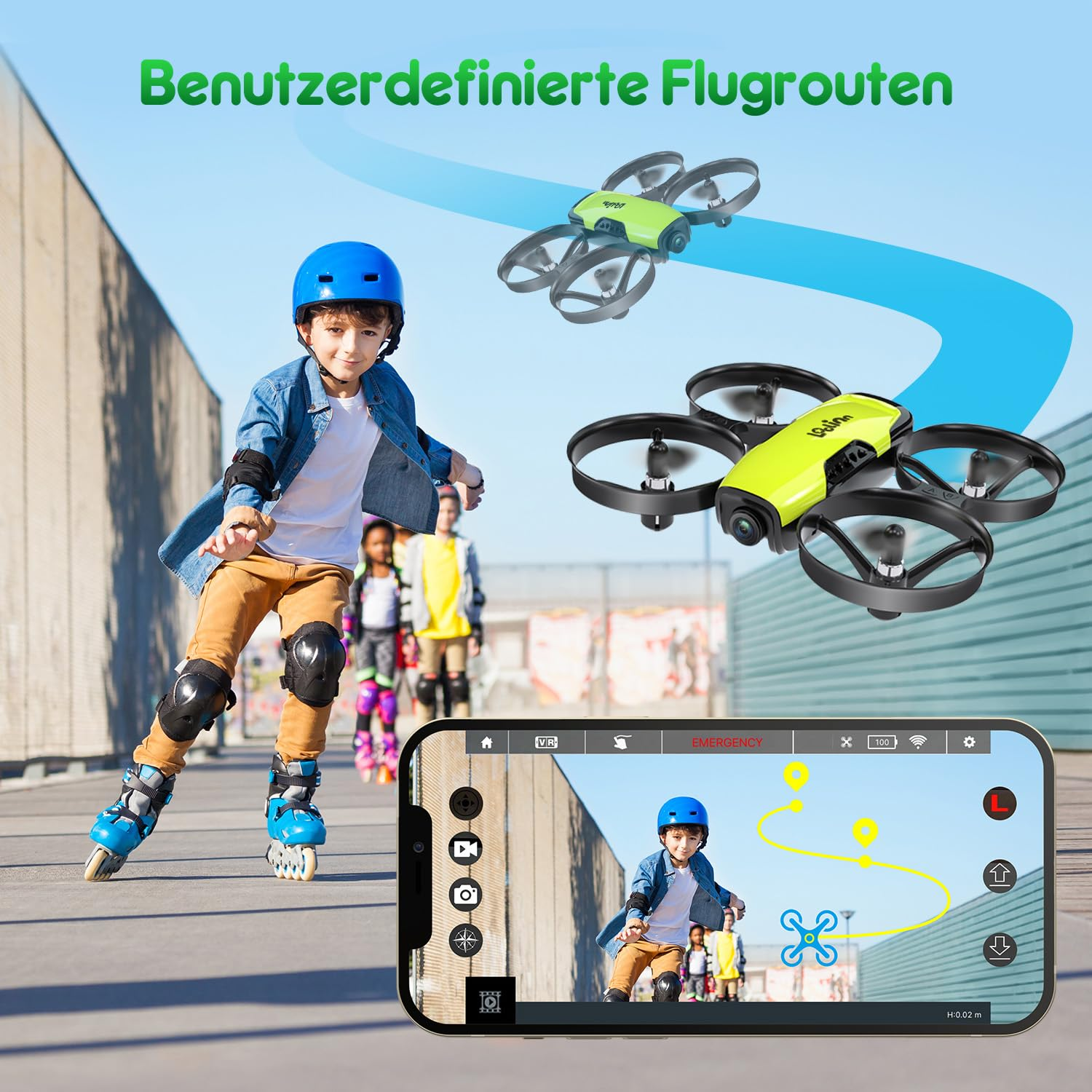 Un ragazzo pattina all'aperto mentre un drone vola sopra, mostrando la sua visuale su uno smartphone.