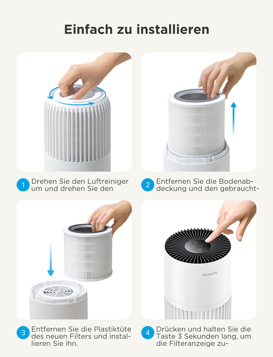 Guida in quattro passaggi su come sostituire e installare un filtro in un purificatore d'aria bianco.