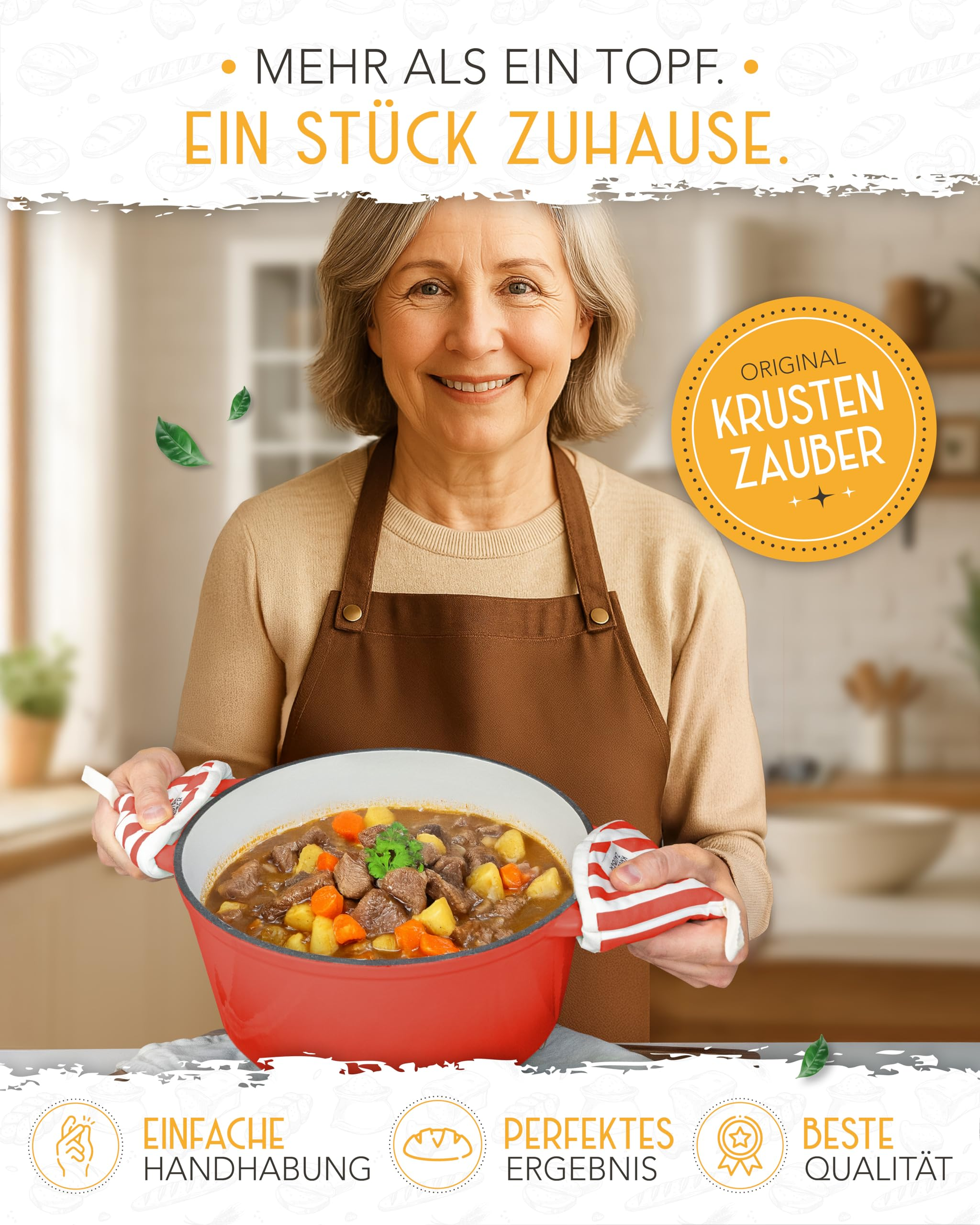 Ältere Frau mit brauner Schürze hält einen roten Eintopf-Topf in einer Küche mit Werbetext.