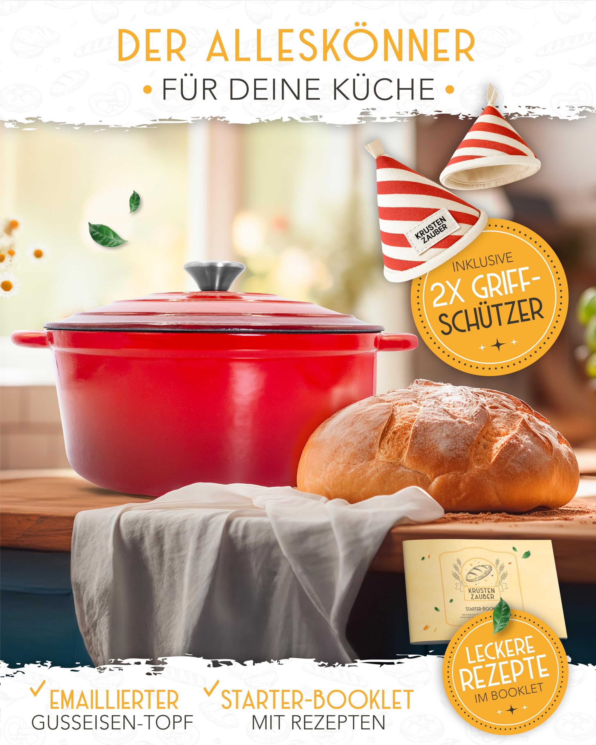 Ein roter Gusseindentopf mit Deckel, Brot, ein Rezeptheft und rot-weiße Griffschützer auf Holz.