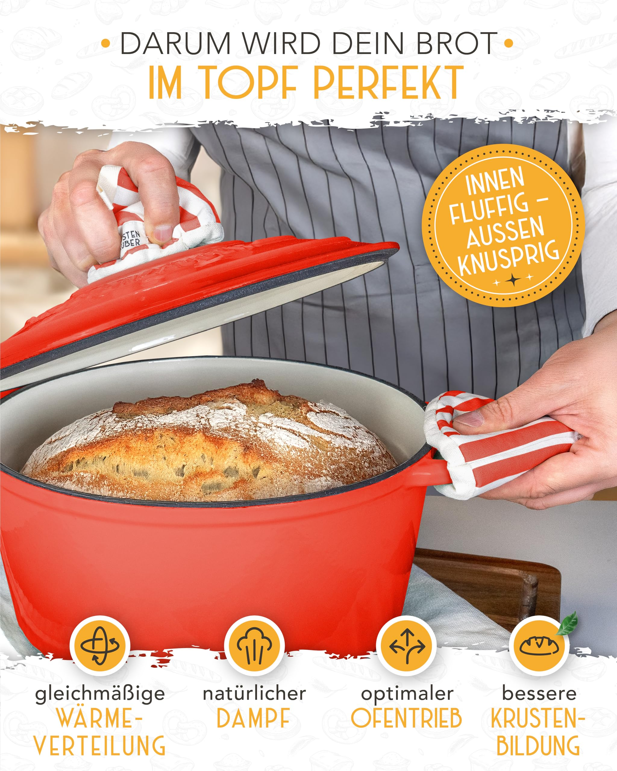 Eine Person öffnet einen roten Topf, in dem frisch gebackenes Brot liegt.
