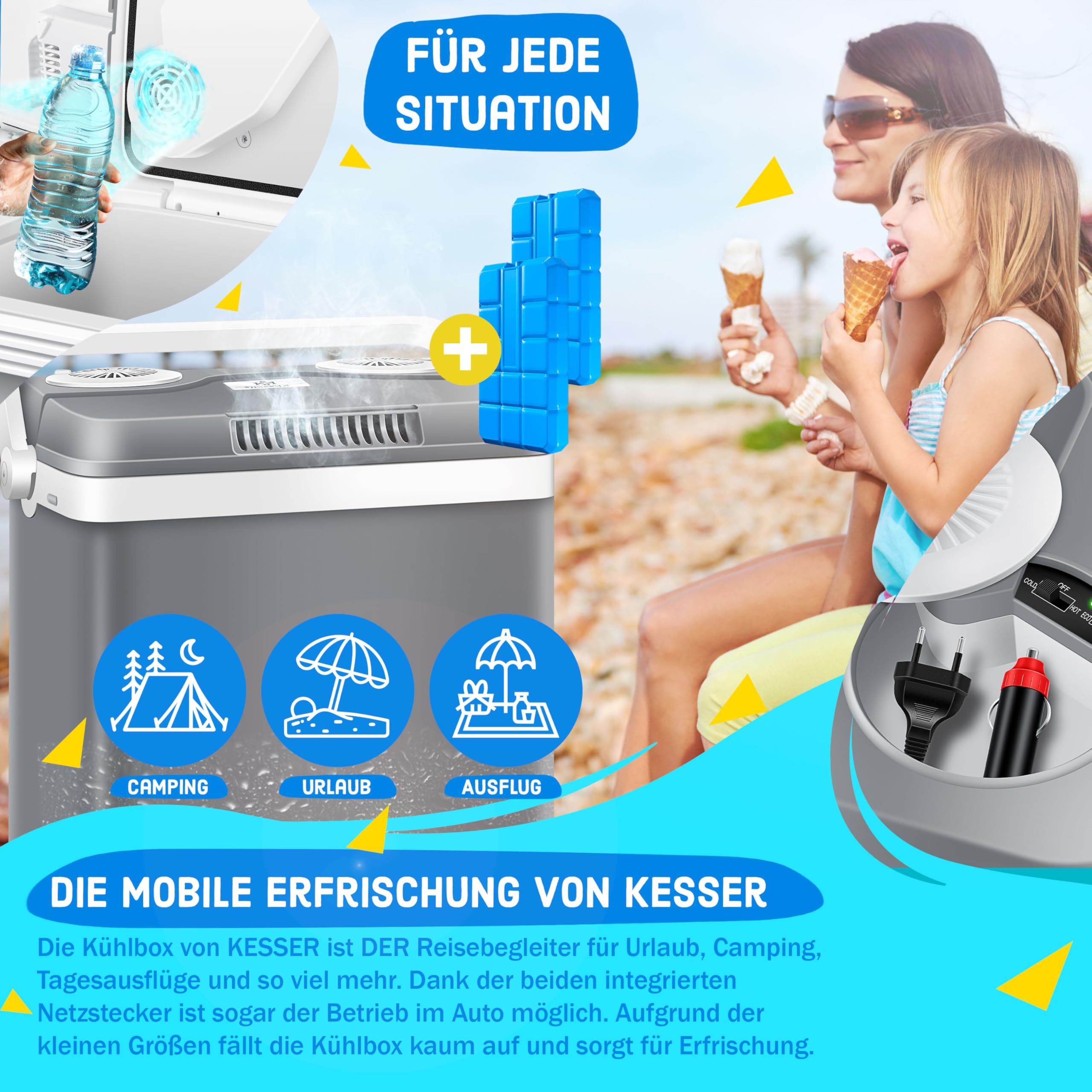 Image promotionnelle pour glacière Kesser avec blocs réfrigérants, bouteille et famille.