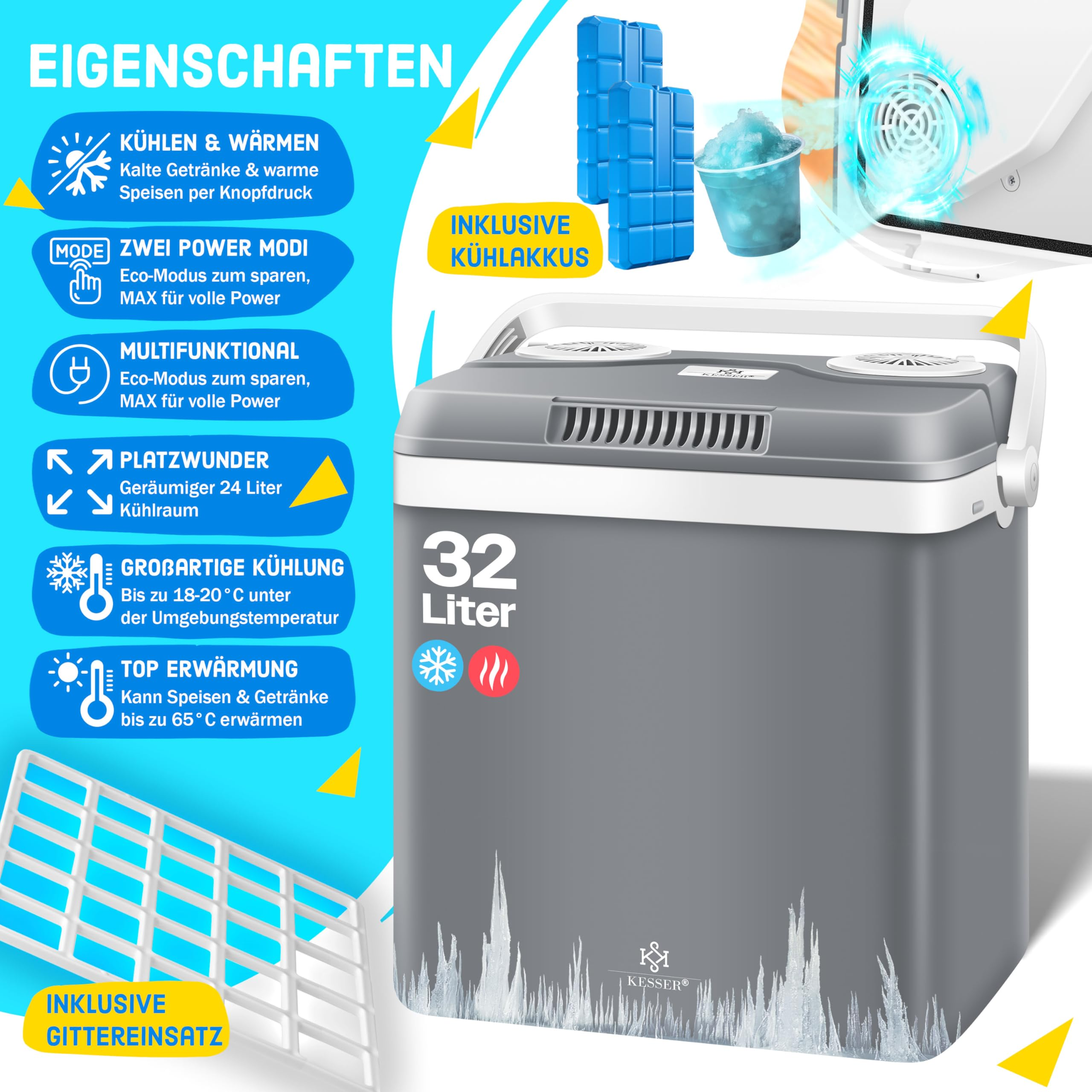 Glacière grise KESSER de 32L avec effets de glace, blocs réfrigérants et encadrés de texte sur les fonctionnalités.
