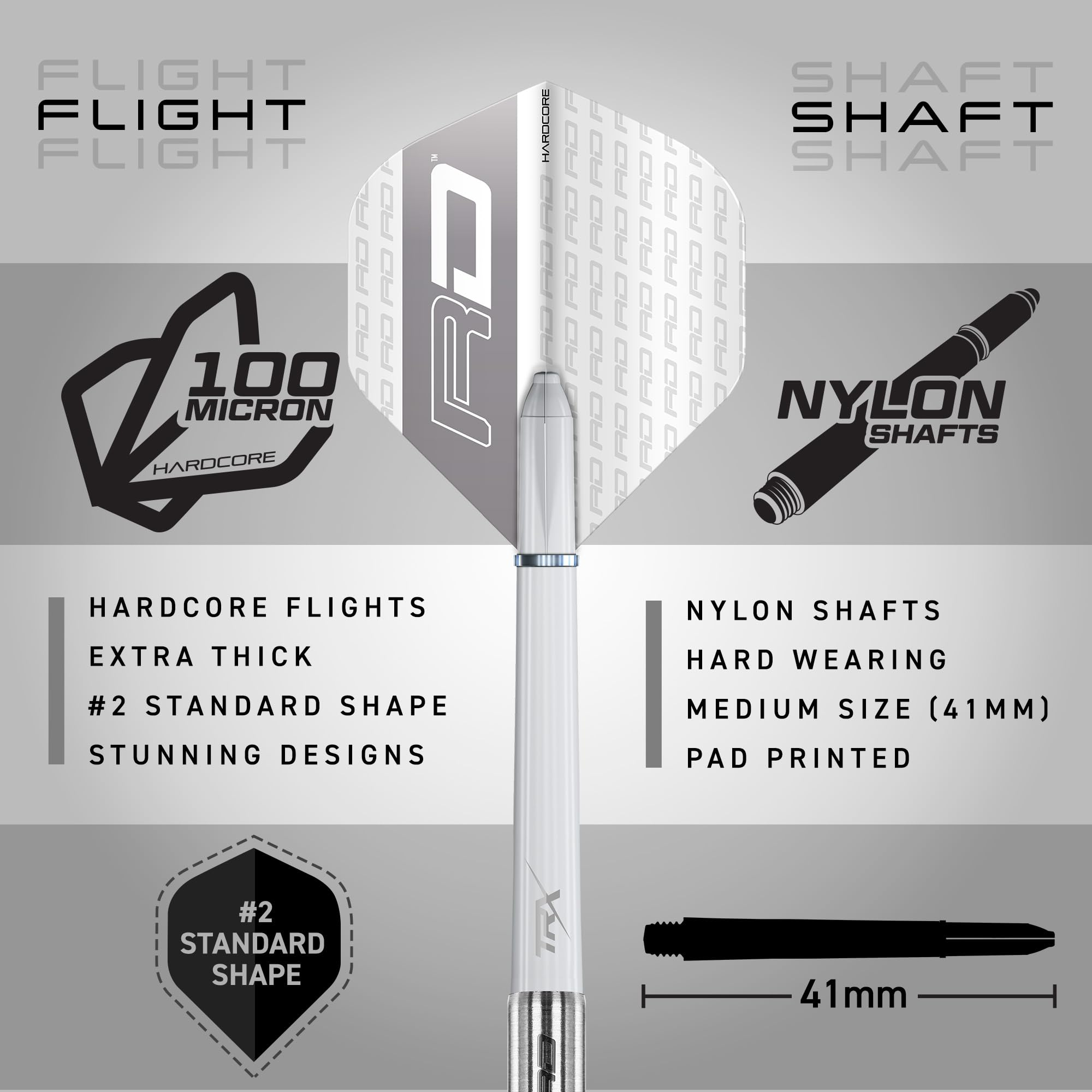 Werbegrafik für Dart-Zubehör mit Pfeil, 100 Mikron Standard-Flights und Nylon-Schäften auf grauem Hintergrund.