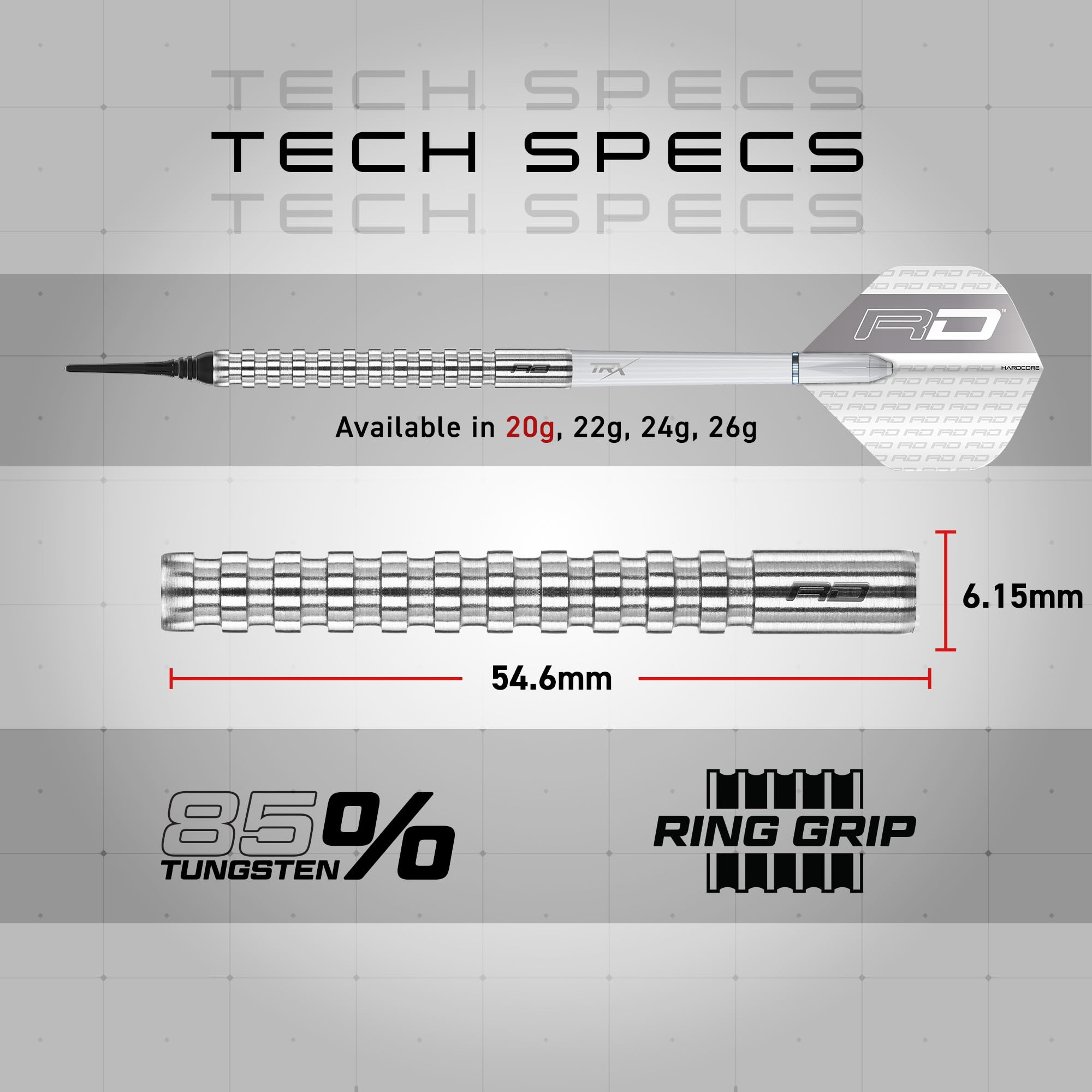 Technische Daten eines silbernen Dartpfeils mit Maßen und 85% Wolfram.