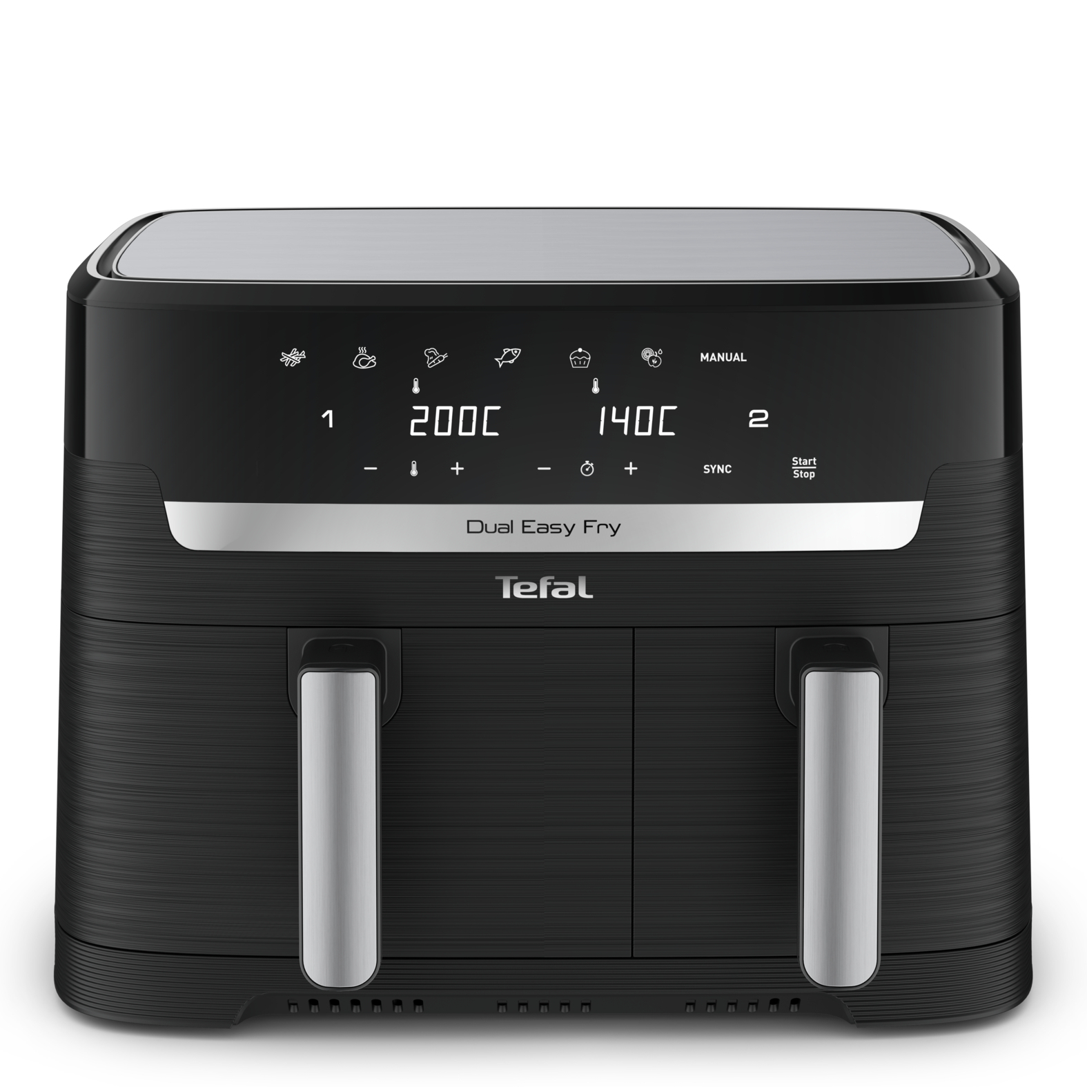 Friteuse sans huile noire Tefal Dual Easy Fry avec deux compartiments et panneau de commande sur fond blanc.