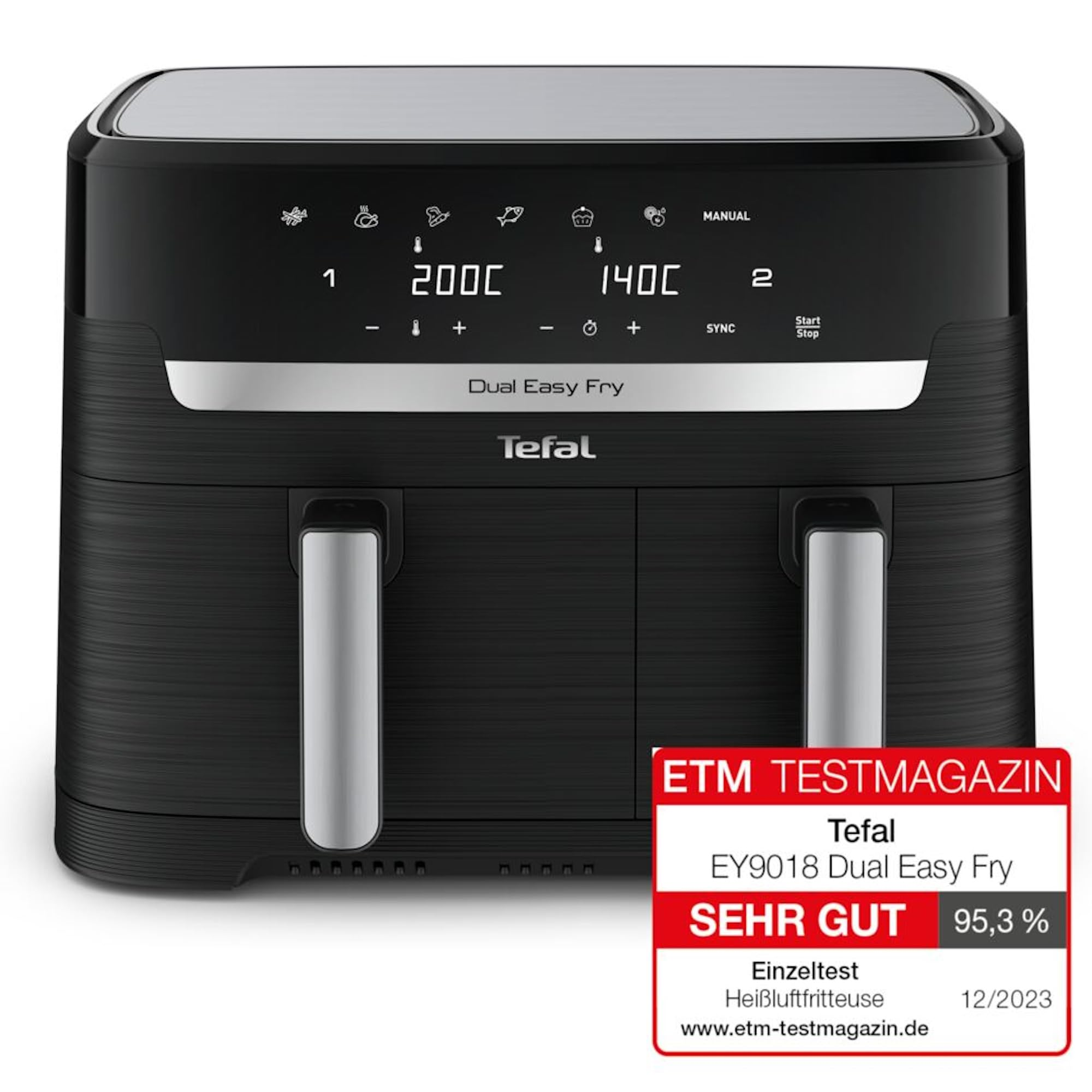 Friteuse sans huile noire Tefal Dual Easy Fry à double compartiment et écran numérique sur fond blanc.