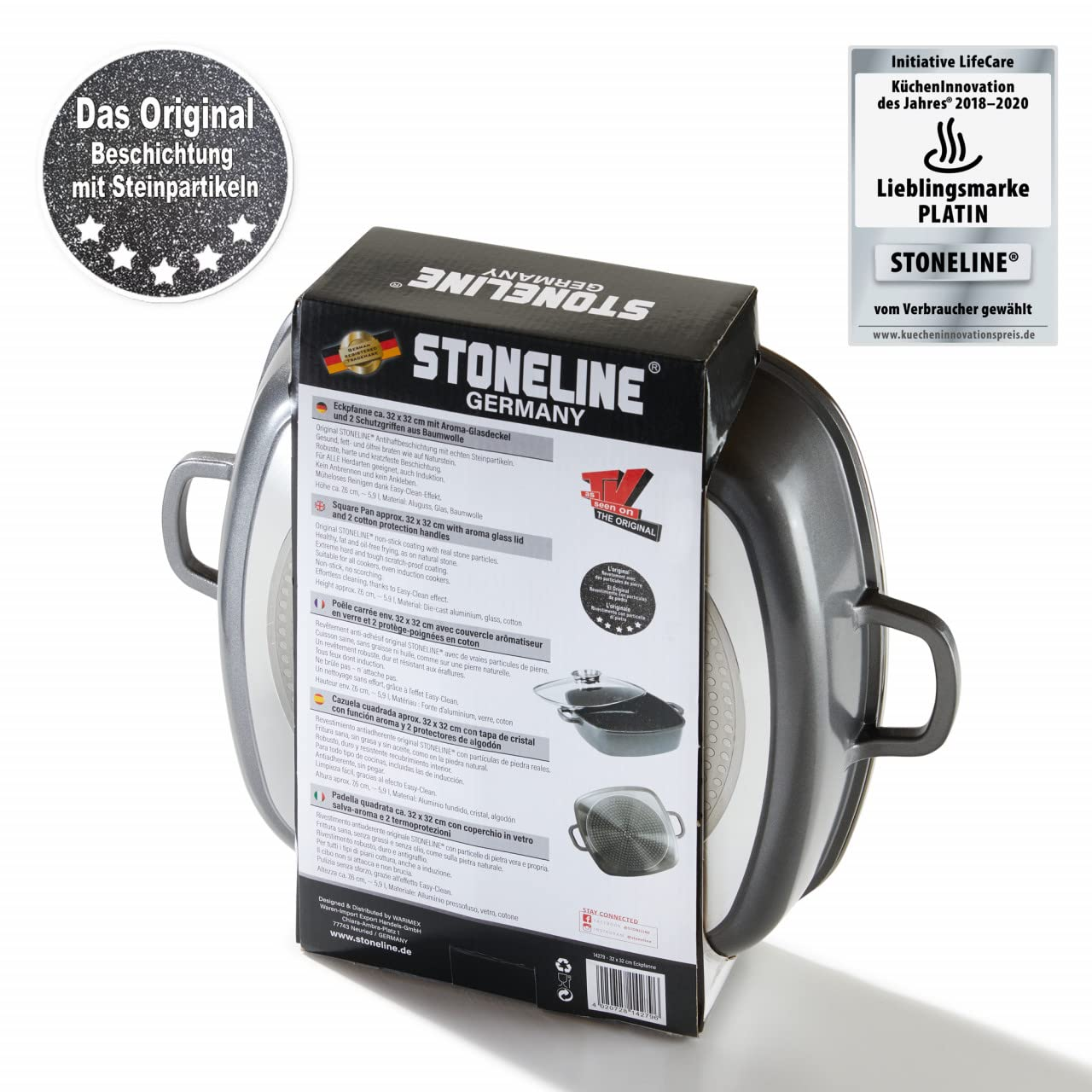Stoneline-Viereckpfanne in der Verpackung mit deutschen Texten, Produktdetails und Auszeichnungssiegeln.