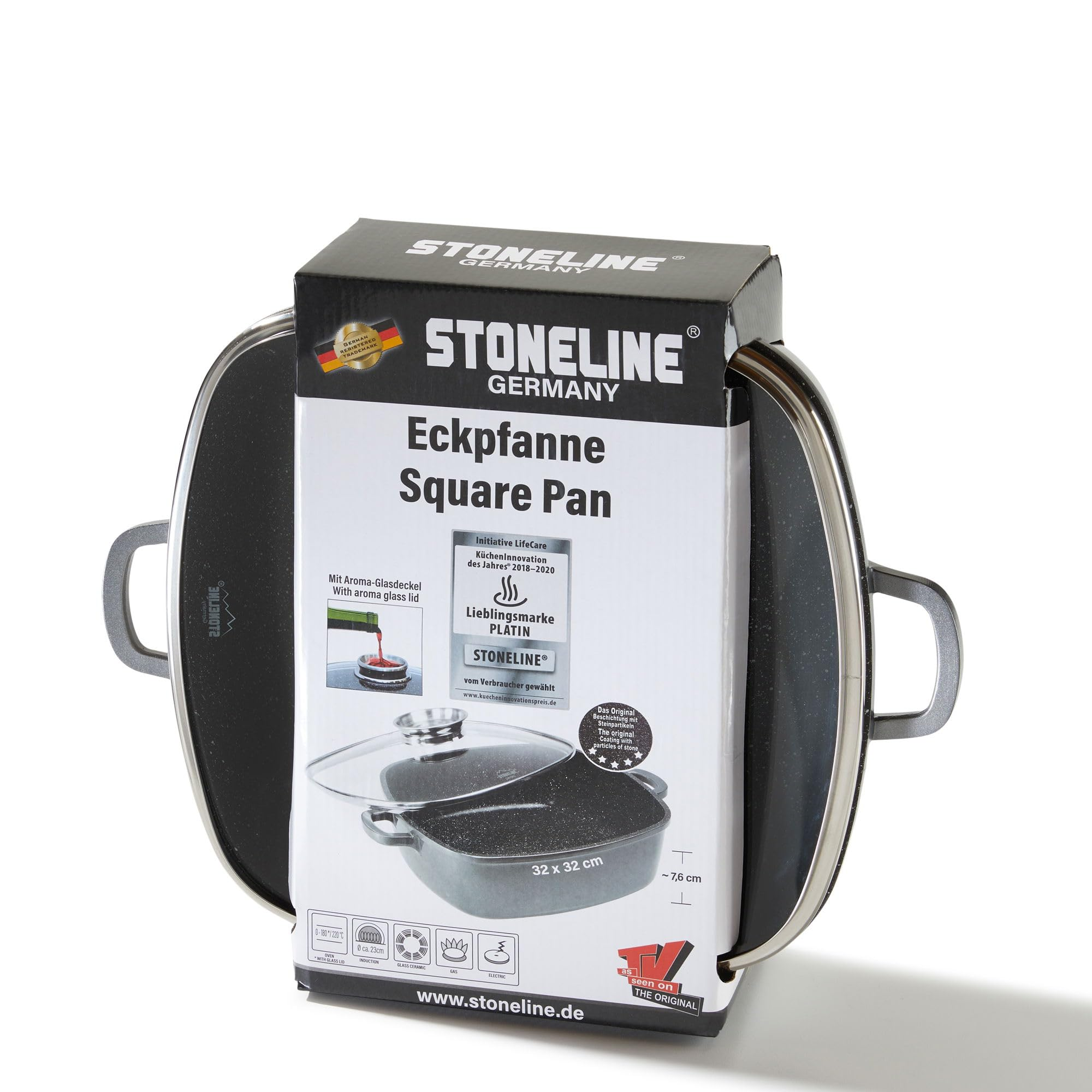 Stoneline Eckpfanne in einer Produktverpackung auf weißem Hintergrund.