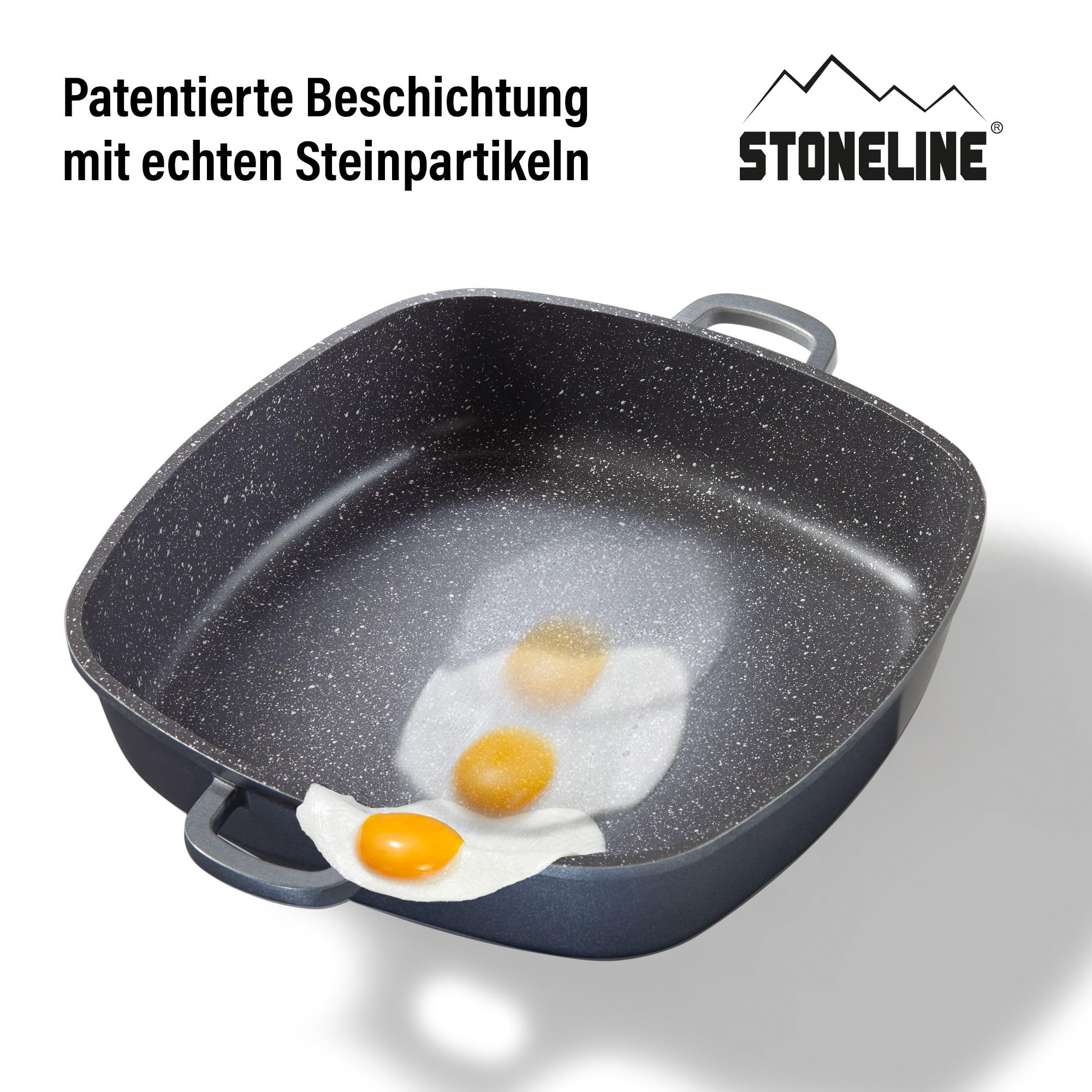 Stoneline-Pfanne mit Steineffekt und rutschenden Spiegeleiern.