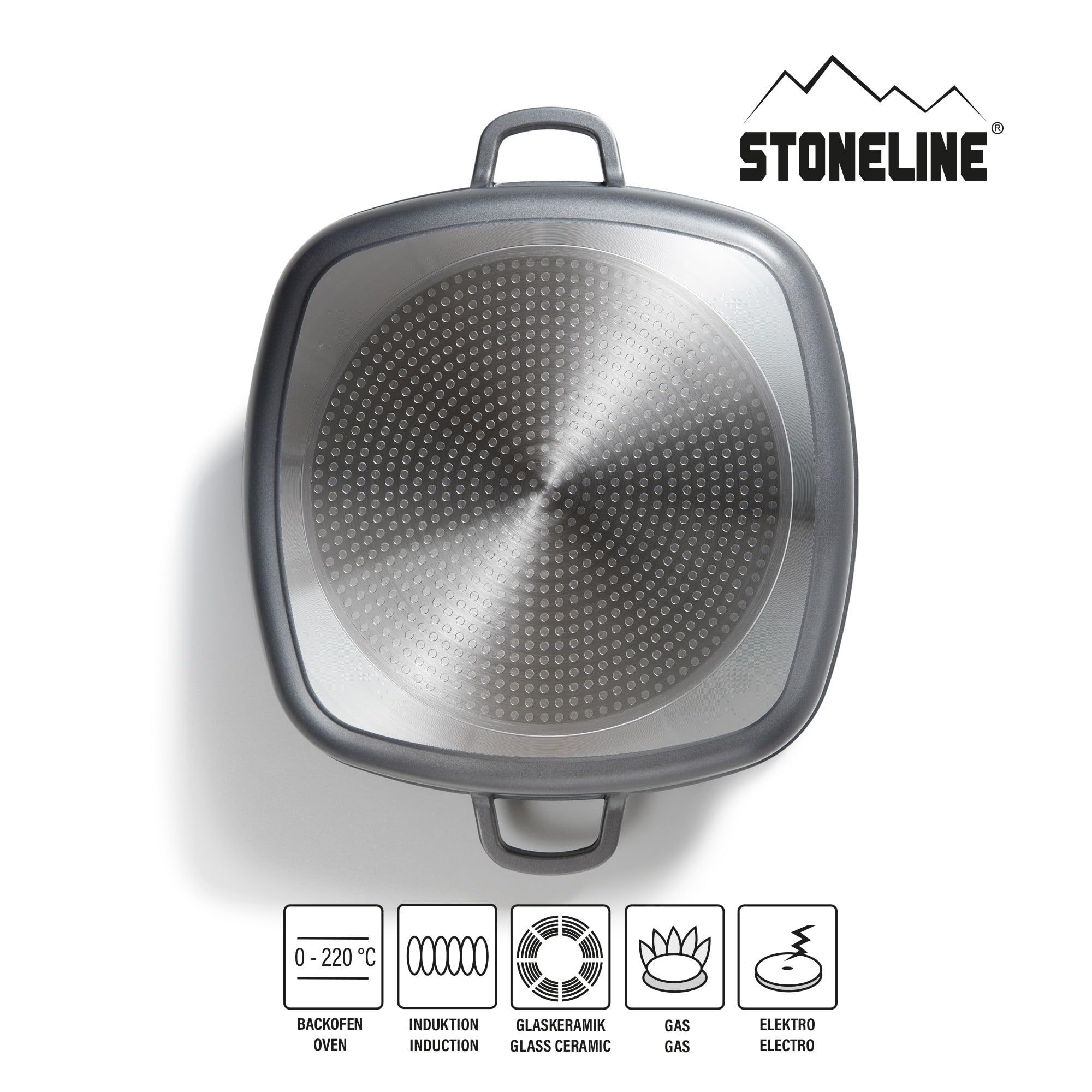 Unterseite einer quadratischen Stoneline-Pfanne mit Griffen und Induktionsboden auf weißem Hintergrund.