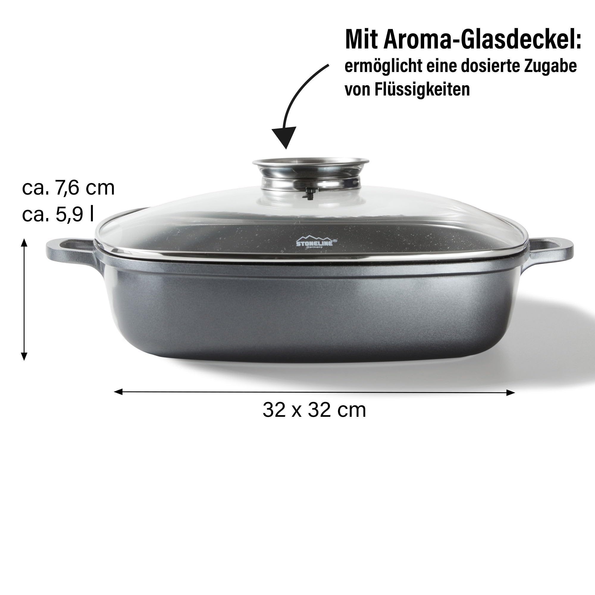 Grauer Stein-Bräter mit Glasdeckel, den Maßen 32x32 cm und 5,9 l Fassungsvermögen auf weißem Hintergrund.