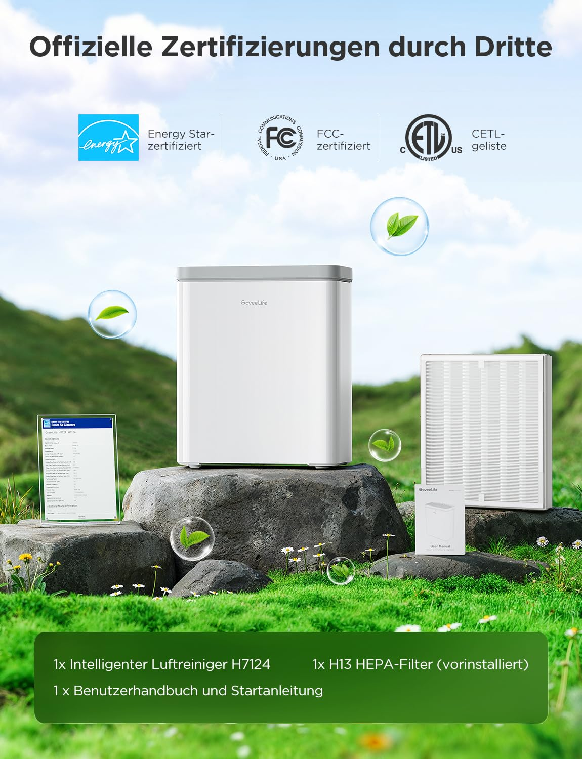 Purificatore d'aria GoveeLife H7124 bianco su roccia con filtro, manuale e certificazioni su sfondo naturale.