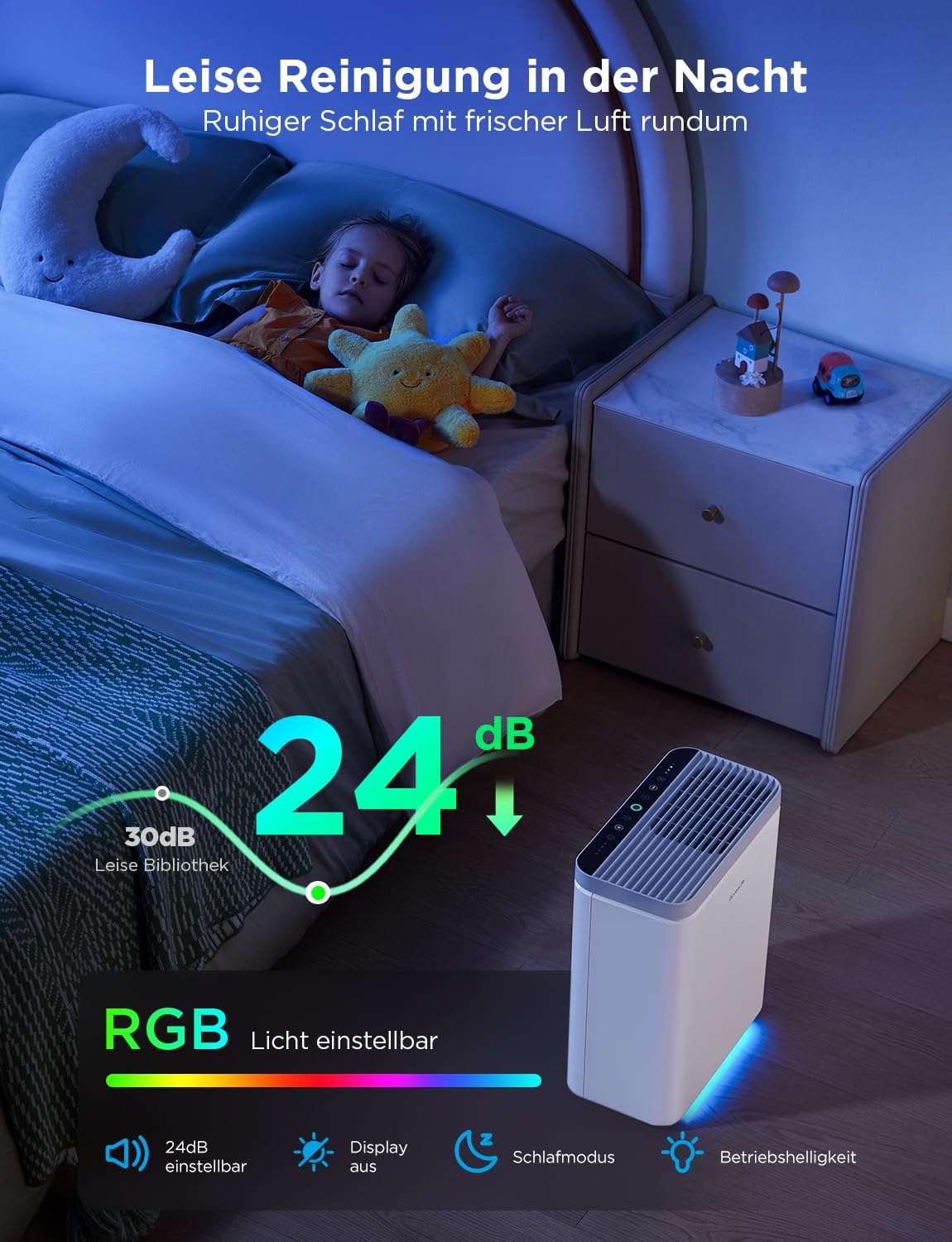Un bambino dorme serenamente a letto accanto a un purificatore d'aria silenzioso.