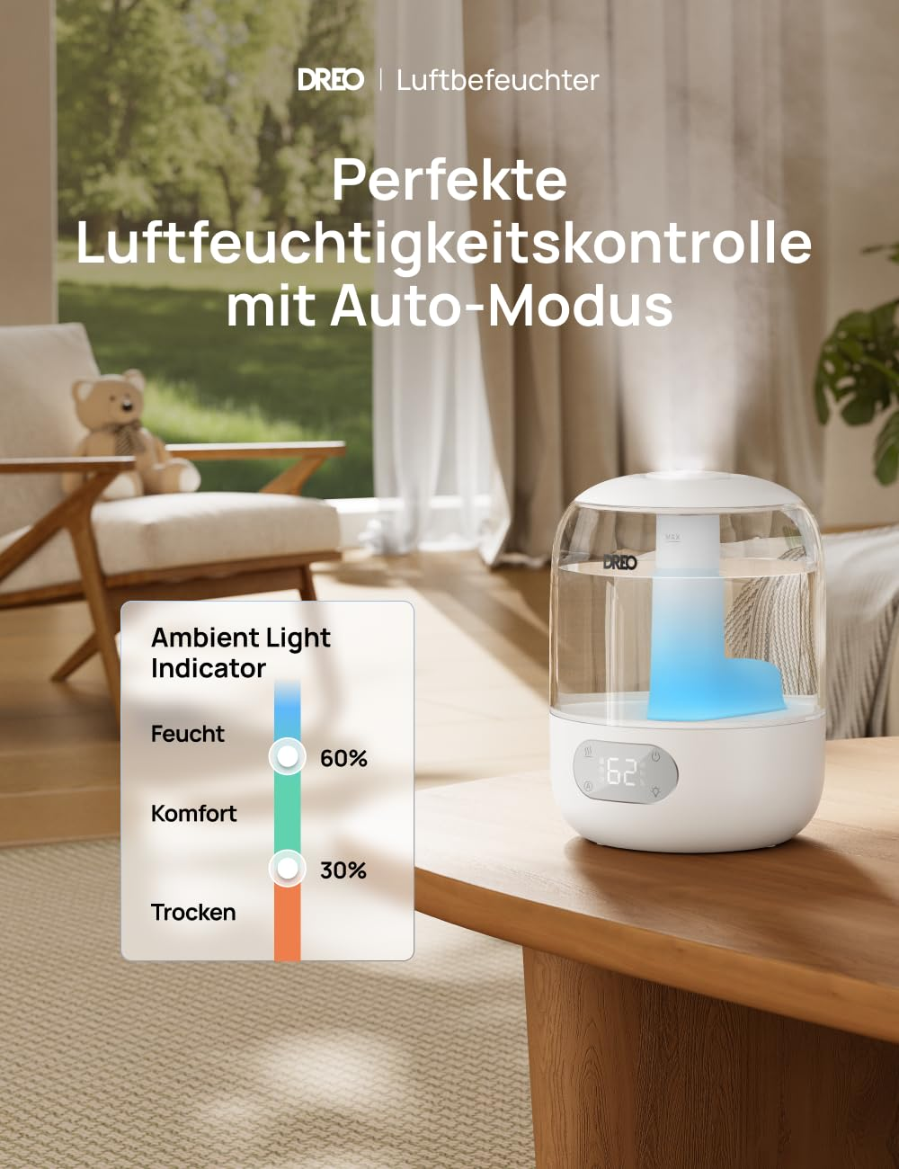 Un humidificateur blanc avec une lumière bleue est sur une table en bois dans un salon.