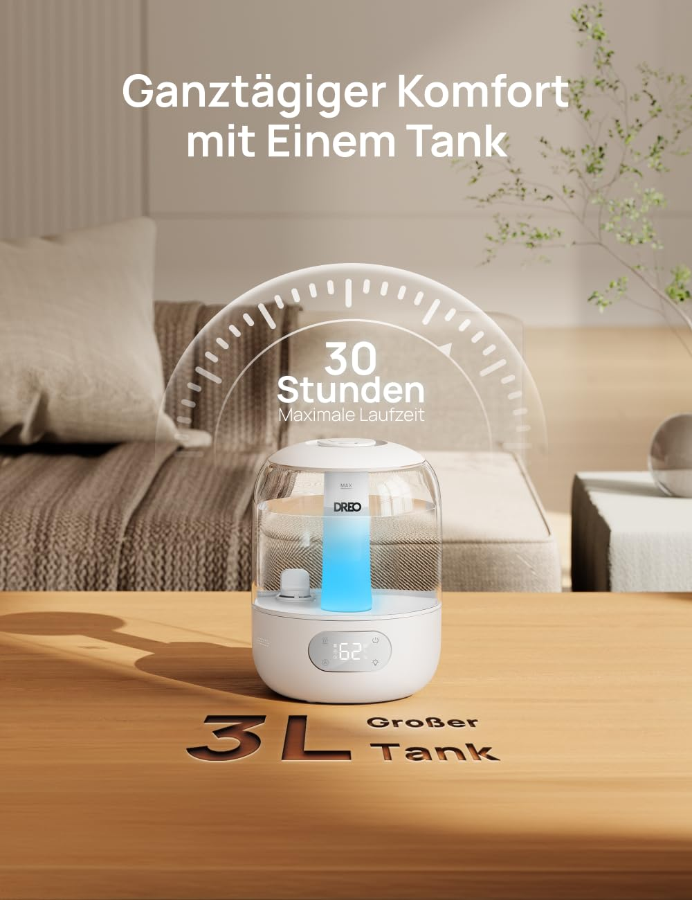 Un humidificateur blanc de 3L repose sur une table en bois dans un salon chaleureux.