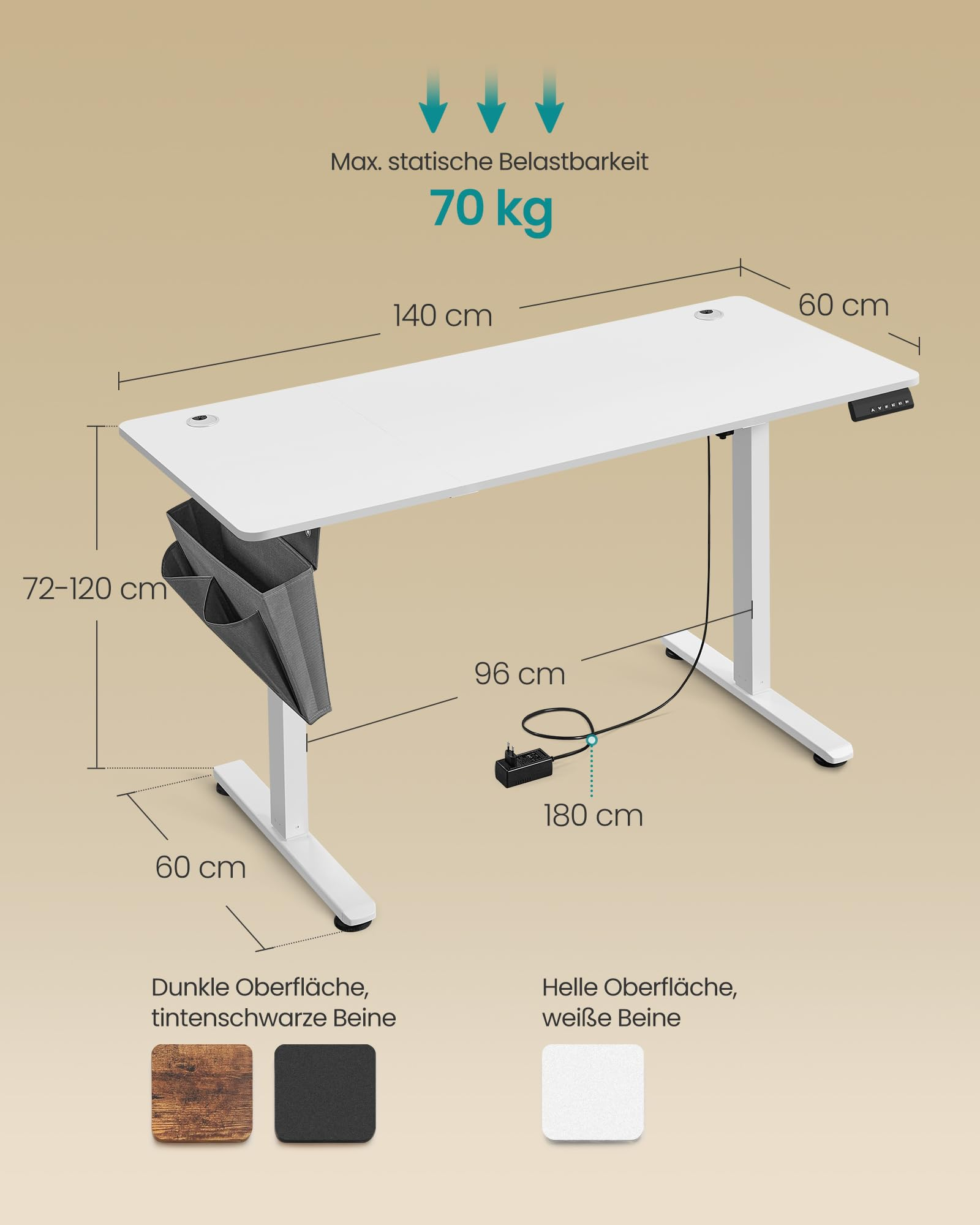Dessin technique d'un bureau réglable en hauteur avec dimensions et accessoires.