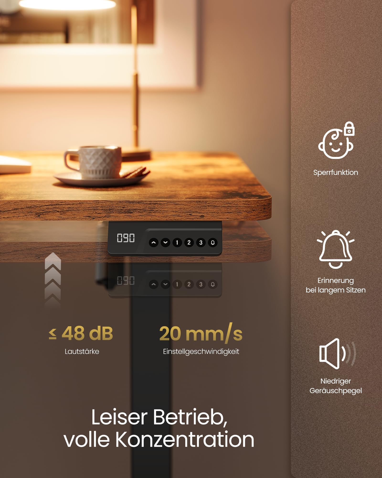 Bureau en bois réglable en hauteur avec panneau de commande numérique, tasse de café et infographies.