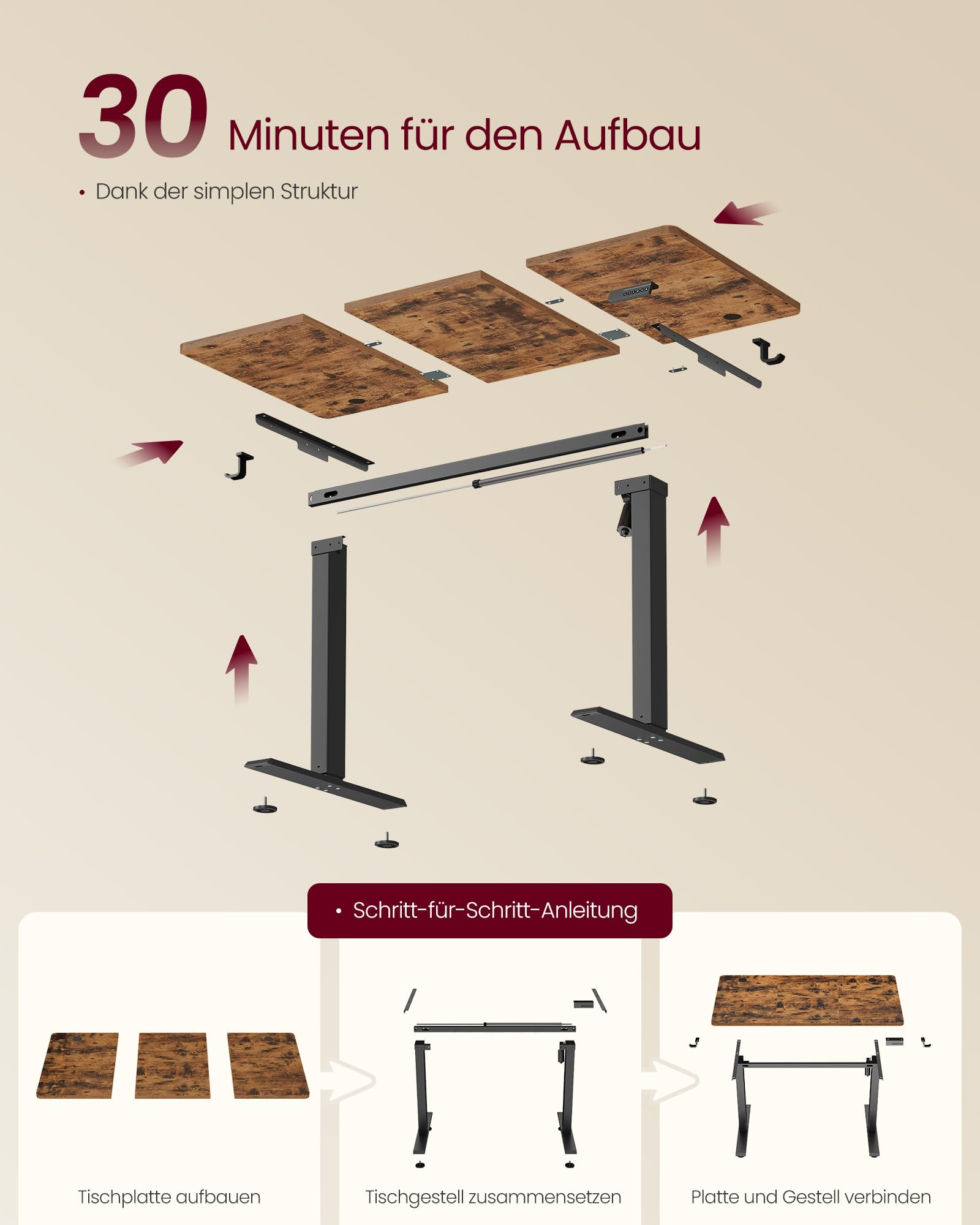 Instructions pour assembler un bureau réglable en hauteur avec des panneaux en bois.