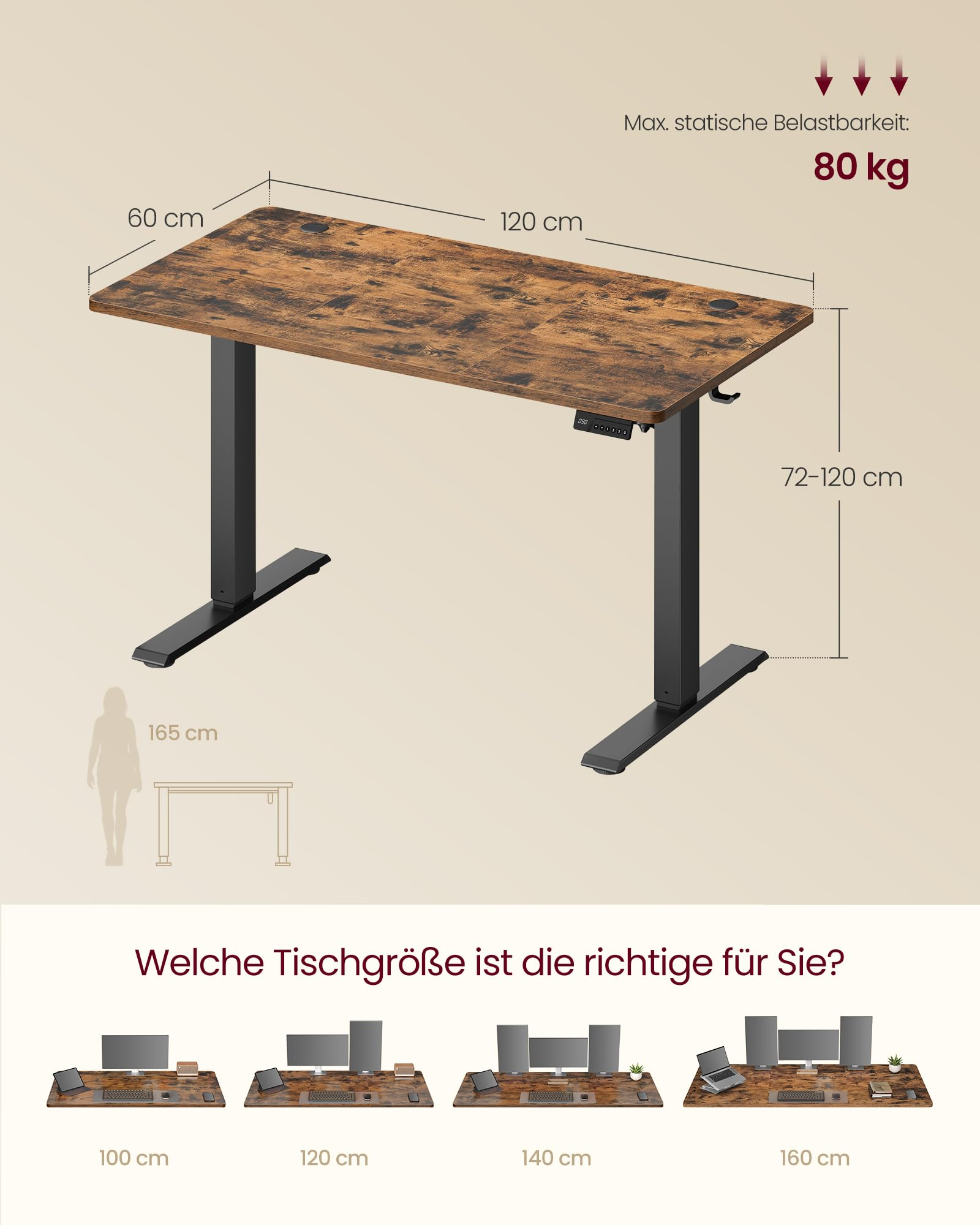 Bureau réglable en hauteur avec plateau en bois et dimensions, charge max. 80 kg et choix de tailles.