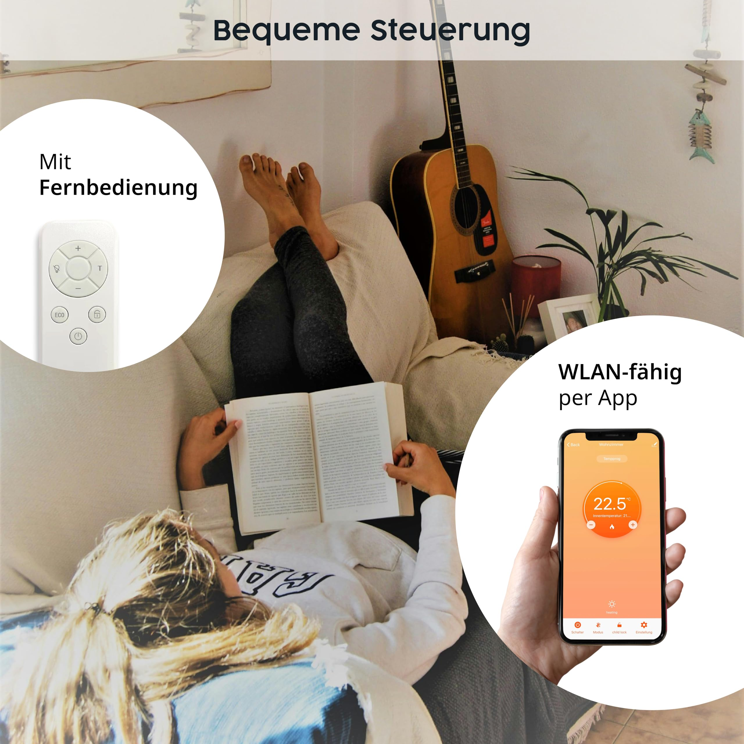 Persona sul divano legge un libro; inserti circolari mostrano telecomando e app per smartphone.