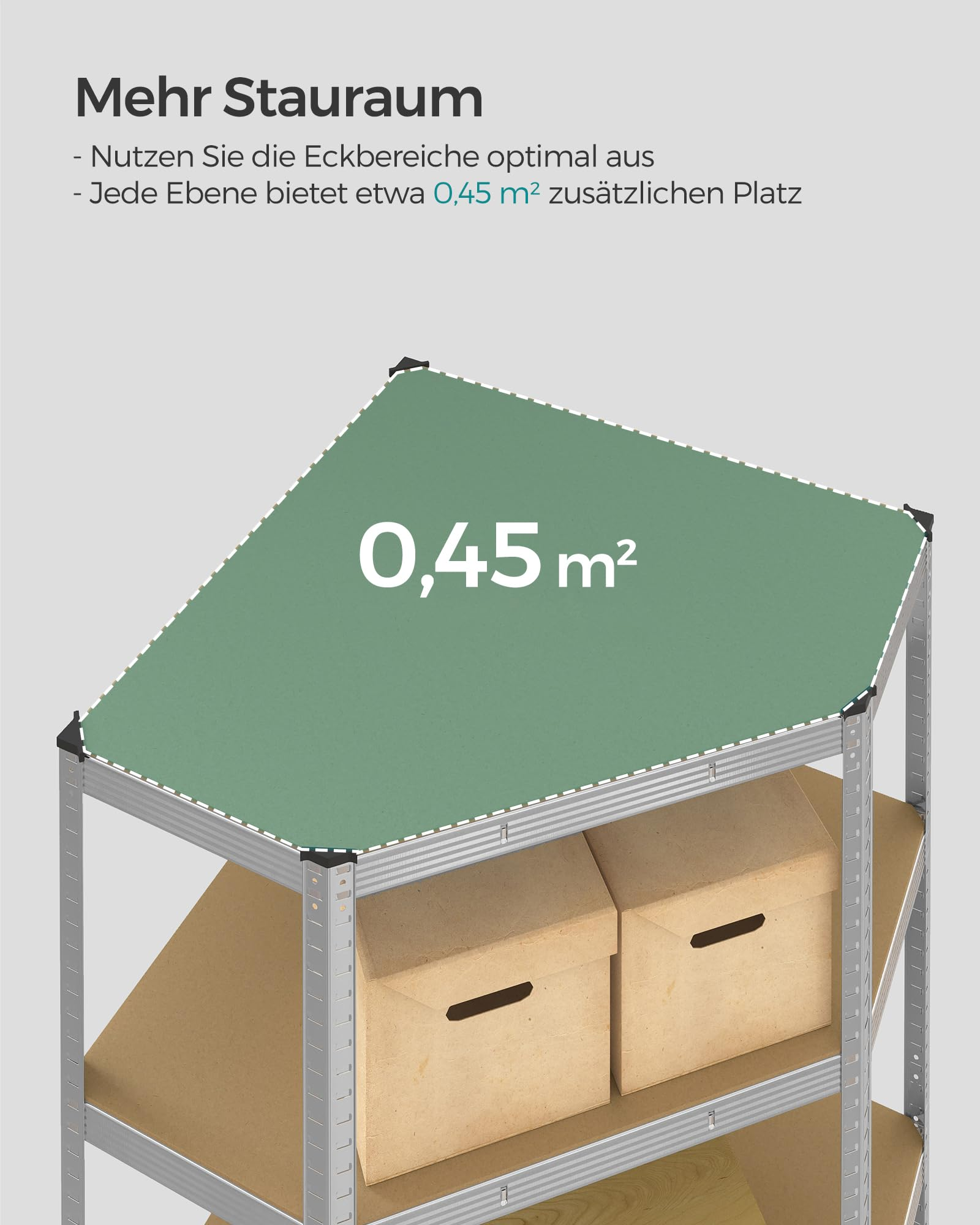 Metallregal mit Holzböden und Pappkartons. Die grüne Markierung zeigt eine Fläche von 0,45 m².