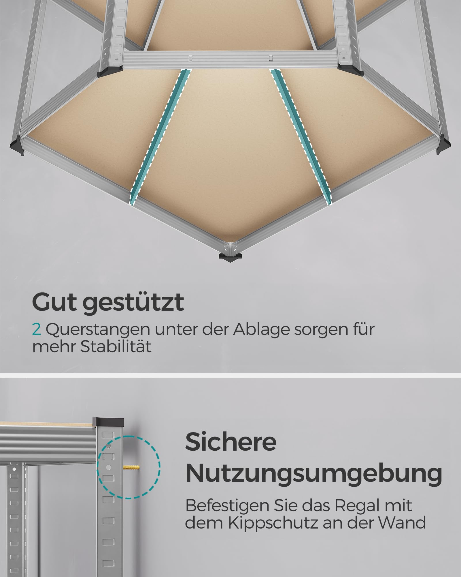 Nahaufnahme von Metallregal-Stabilisierungsstangen und Wandhalterung mit deutschem Text.