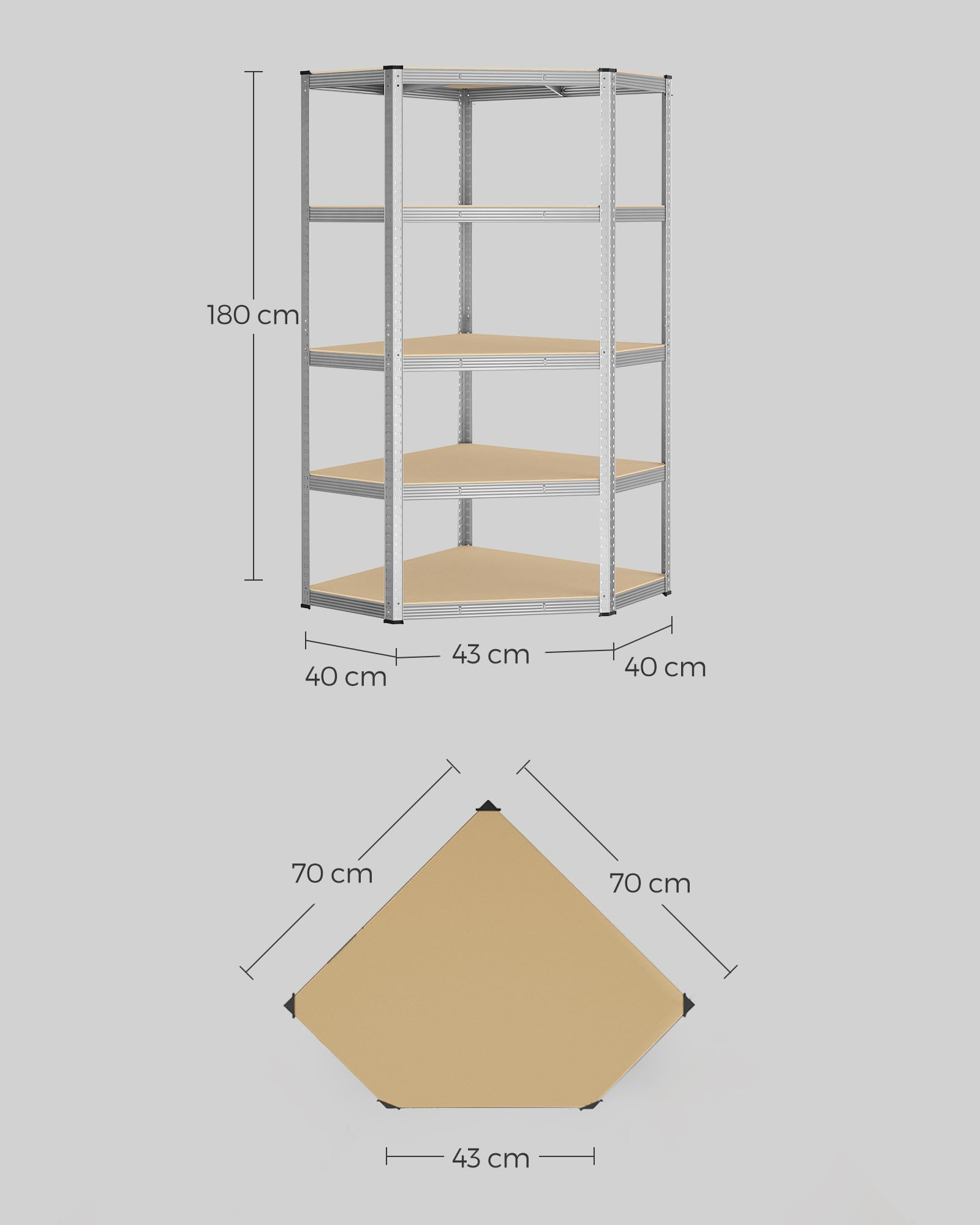 Ein Metalleckregal mit Holzböden und Maßen: 180 cm hoch, Seiten 40x43x40 cm und Draufsicht.