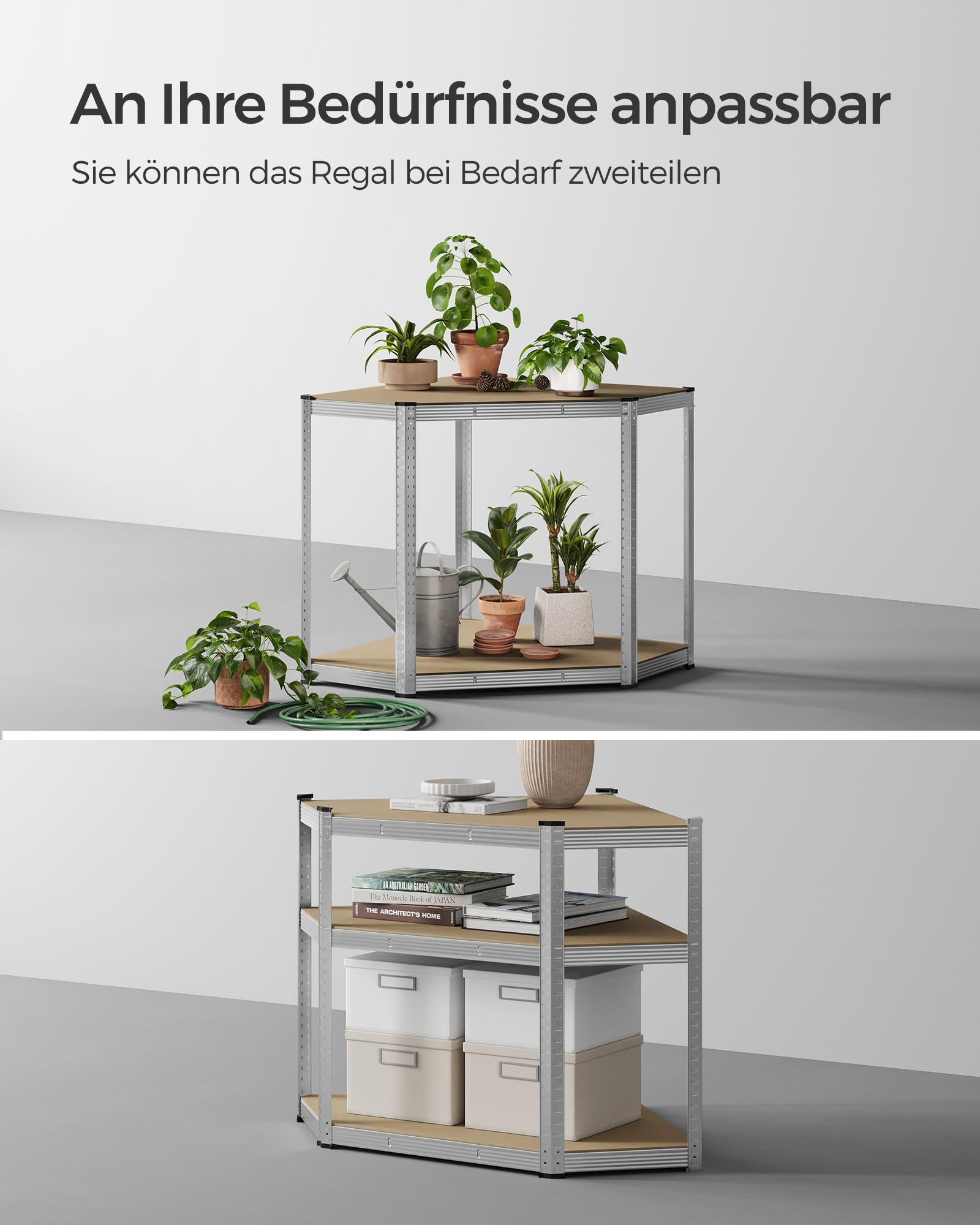 Modulares Eckregal aus Metall mit Holzregalböden, dekoriert mit Topfpflanzen, Büchern und Aufbewahrungsboxen.